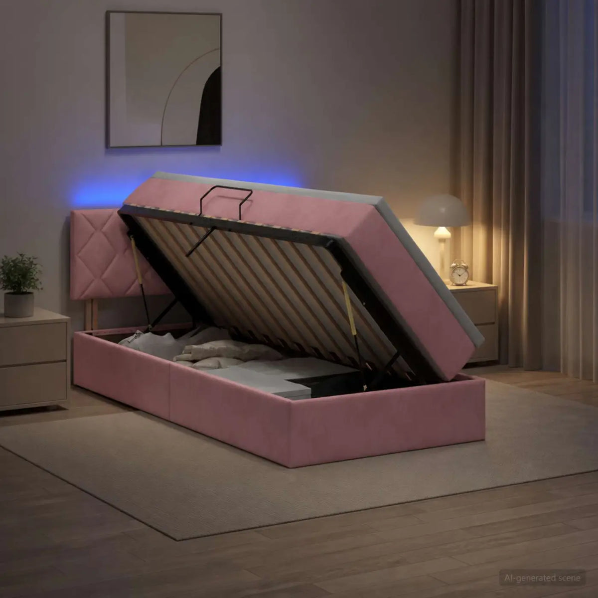 Lit de rangement LED avec matelas Rose 90 x 200 cm Velours - XIOS