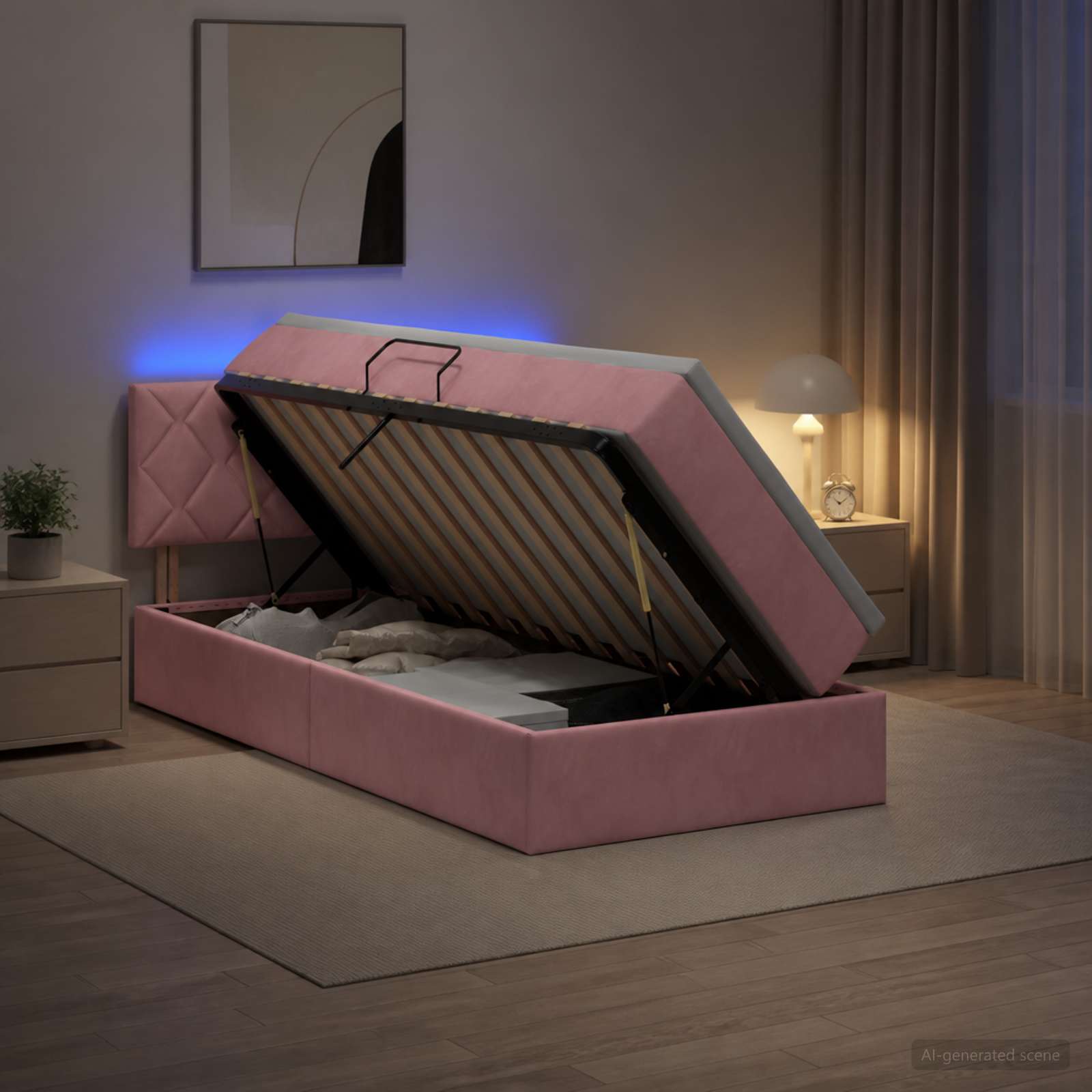 Lit de rangement LED avec matelas Rose 100 x 200 cm Velours