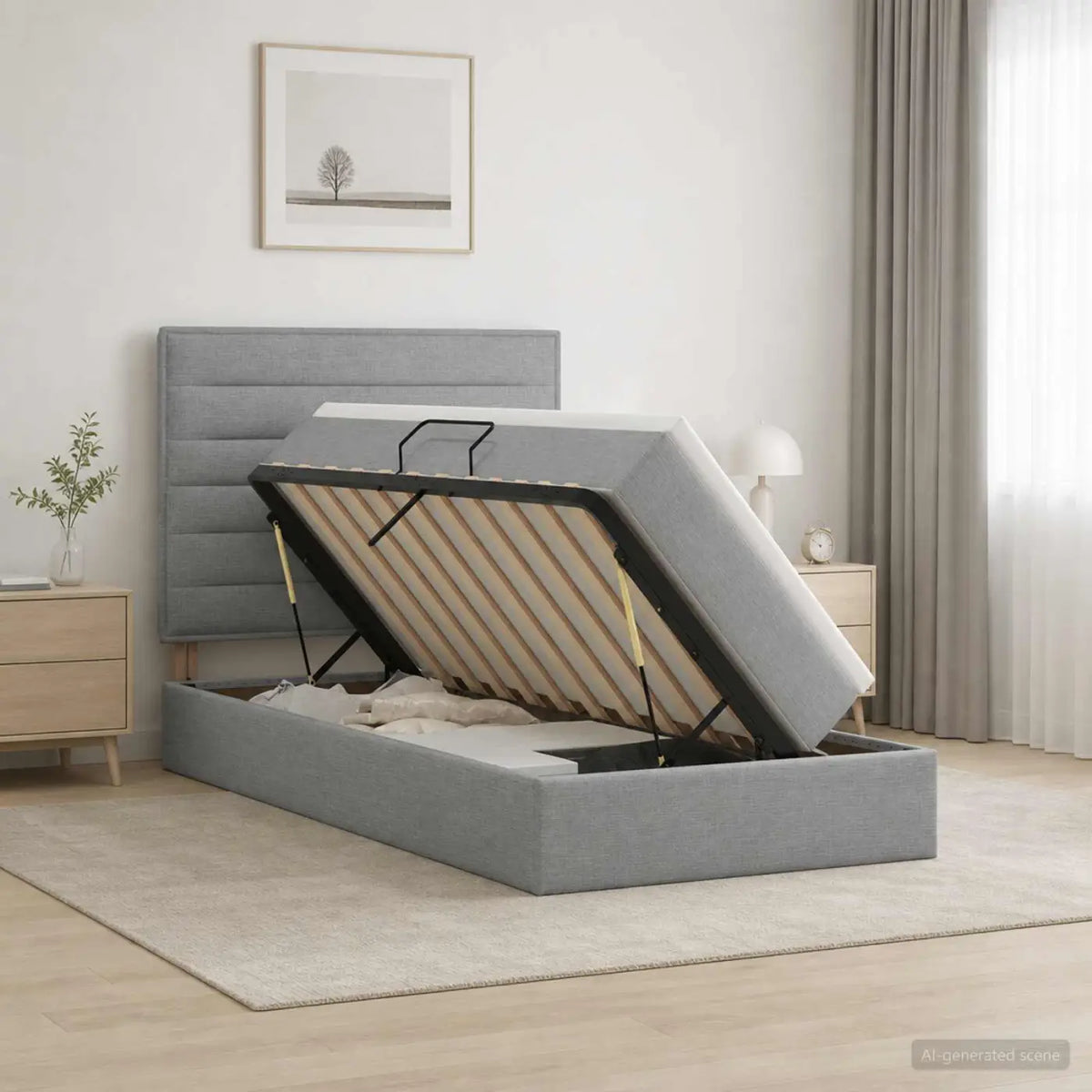 Lit de rangement LED avec matelas Gris clair 100 x 200 cm Tissu - XIOS