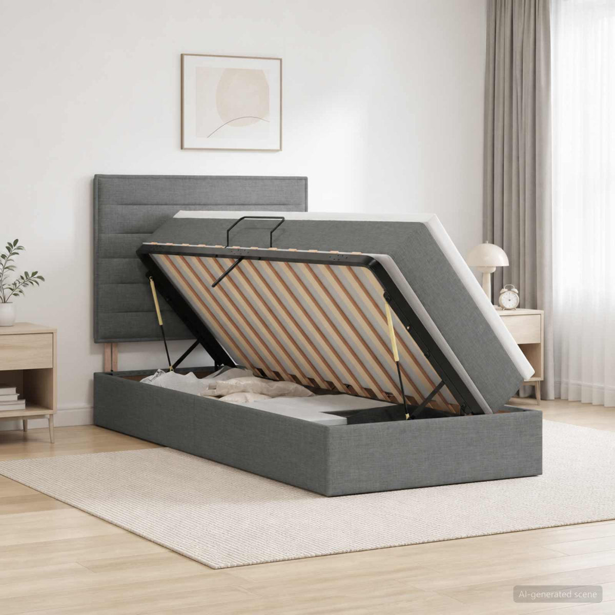 Lit avec rangement et matelas Gris foncé 100 x 200 cm tissu