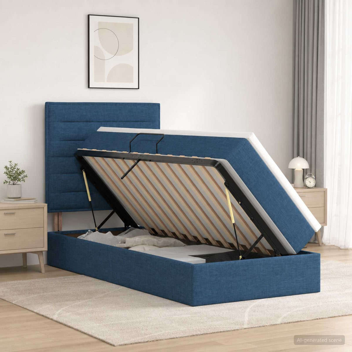 Lit avec rangement et matelas Bleu 90 x 200 cm tissu
