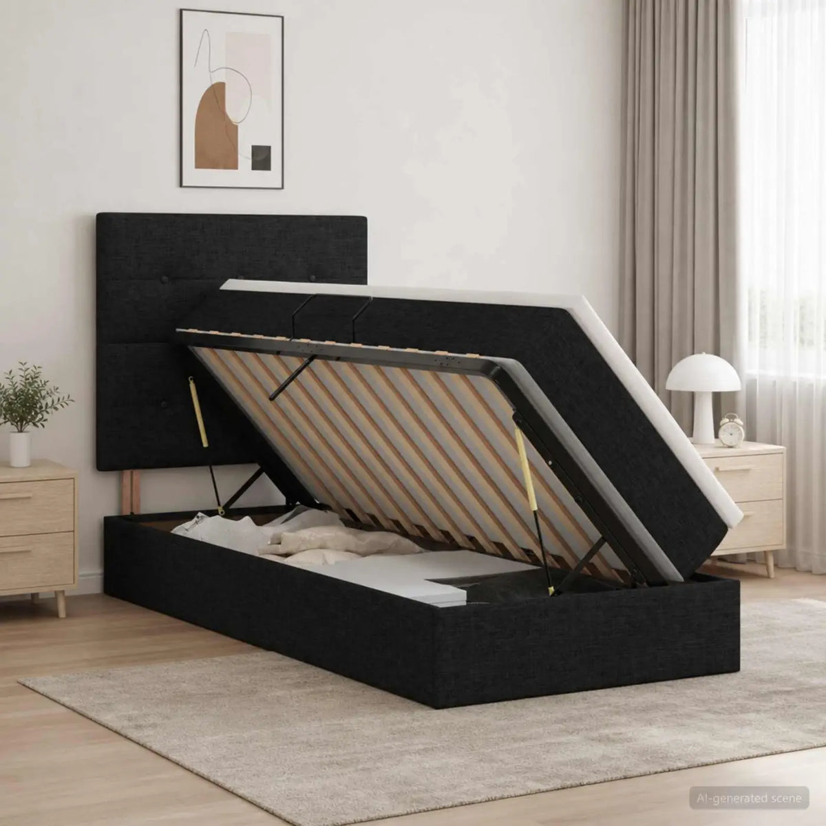 Lit de rangement LED avec matelas Noir 90 x 190 cm Tissu - XIOS