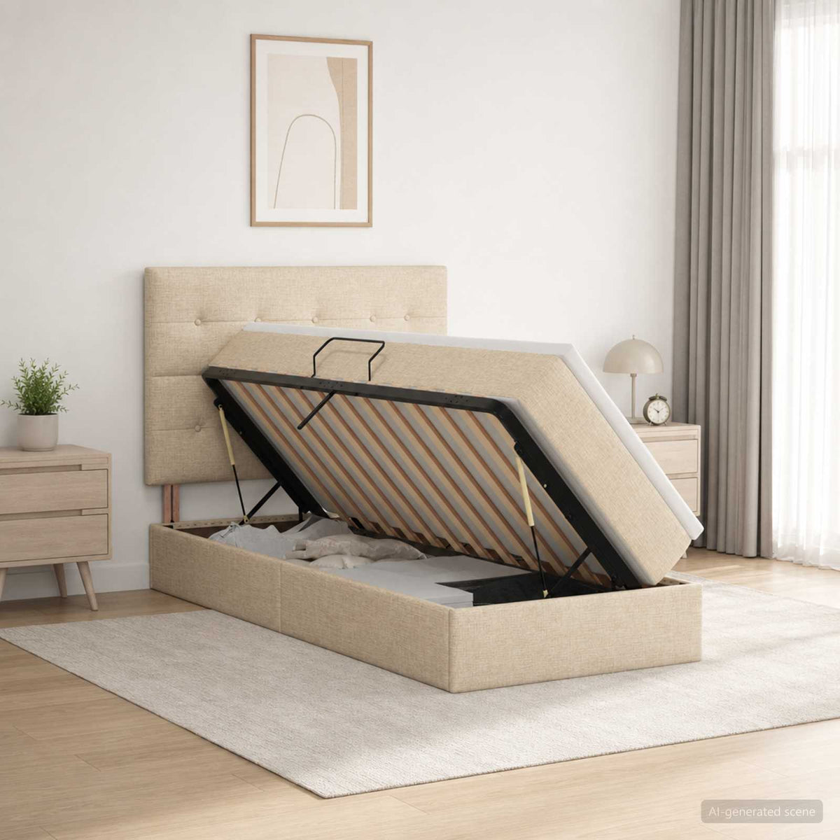 Lit de rangement LED avec matelas Crème 100 x 200 cm Tissu - XIOS