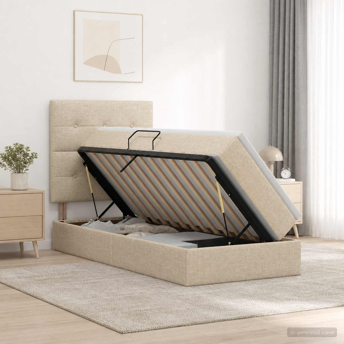 Lit de rangement LED avec matelas Crème 100 x 200 cm Tissu - XIOS