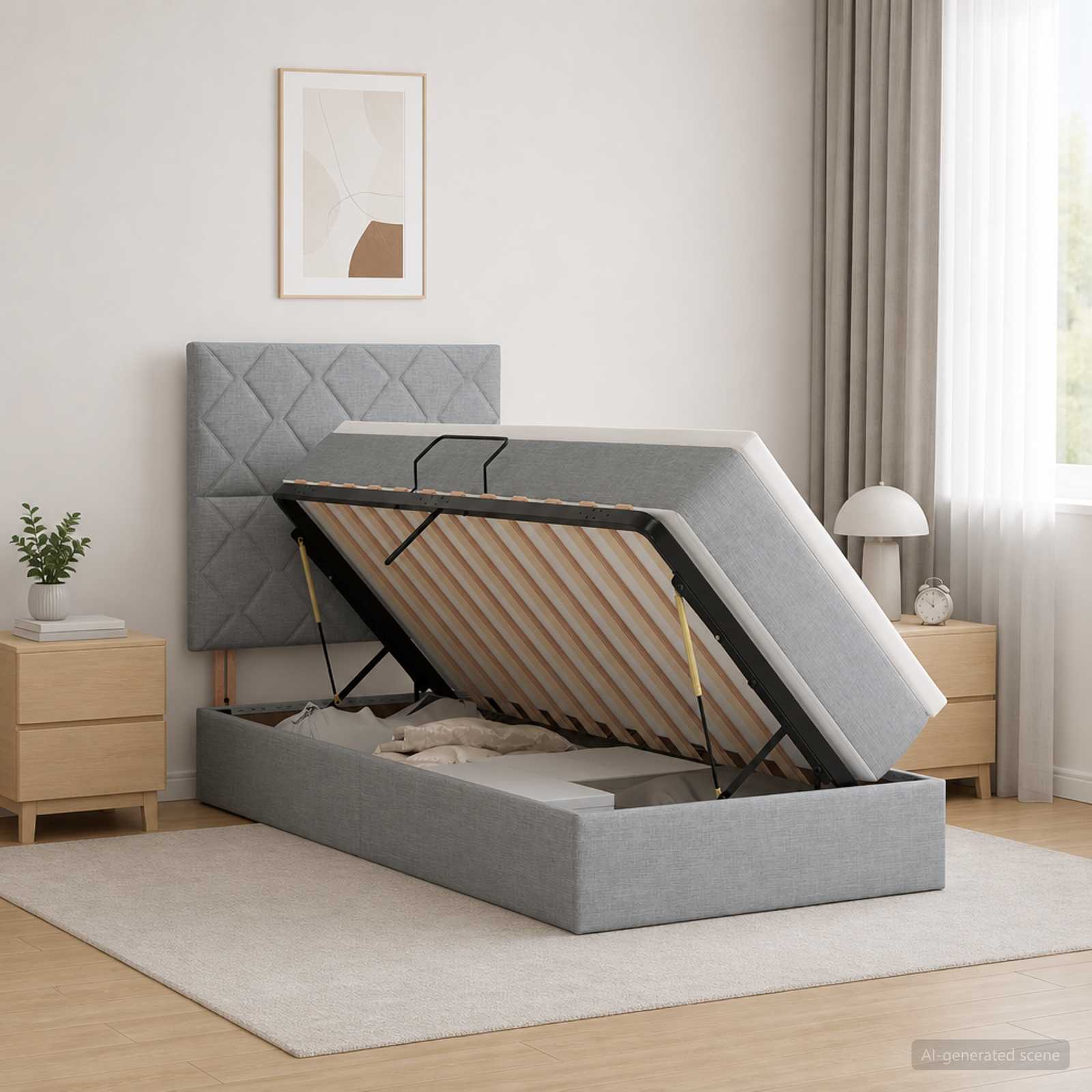 Lit avec rangement et matelas Gris clair 90 x 200 cm tissu