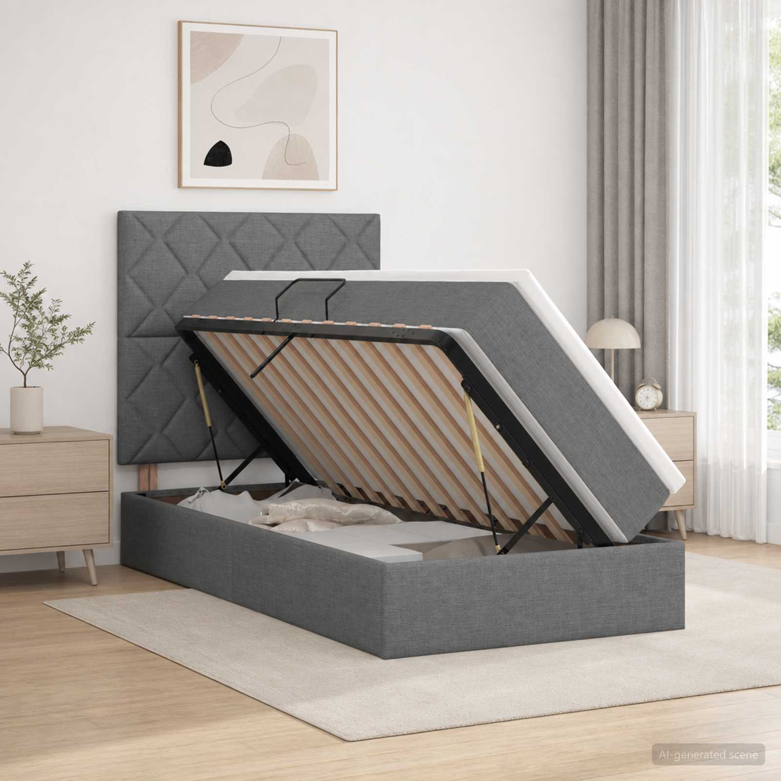 Lit avec rangement et matelas Gris foncé 100 x 200 cm tissu