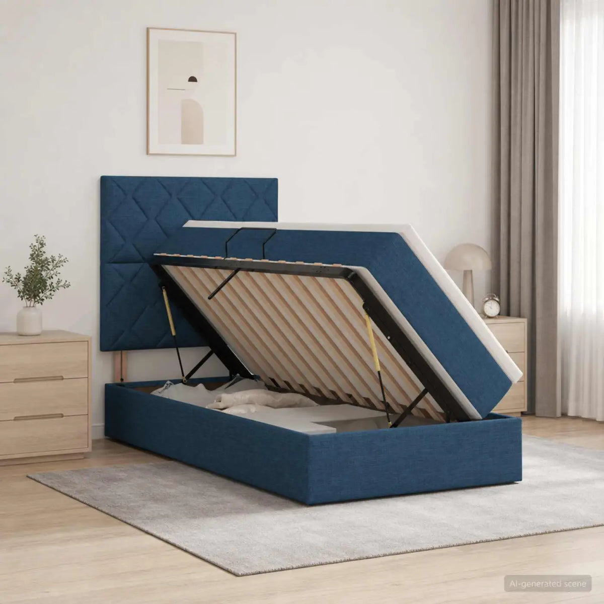 Lit de rangement LED avec matelas Bleu 100 x 200 cm Tissu - XIOS