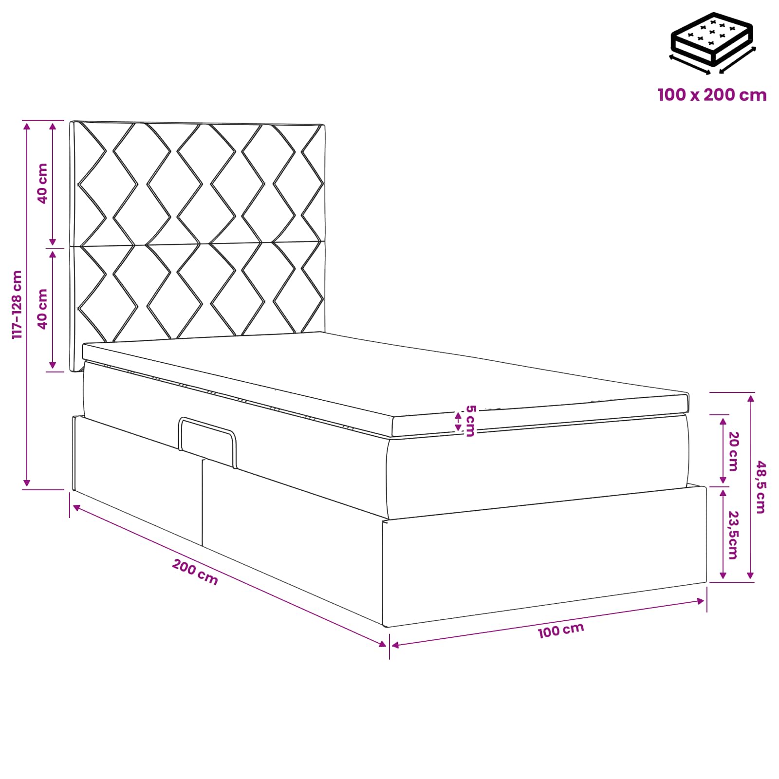 Lit avec rangement et matelas Bleu 100 x 200 cm tissu