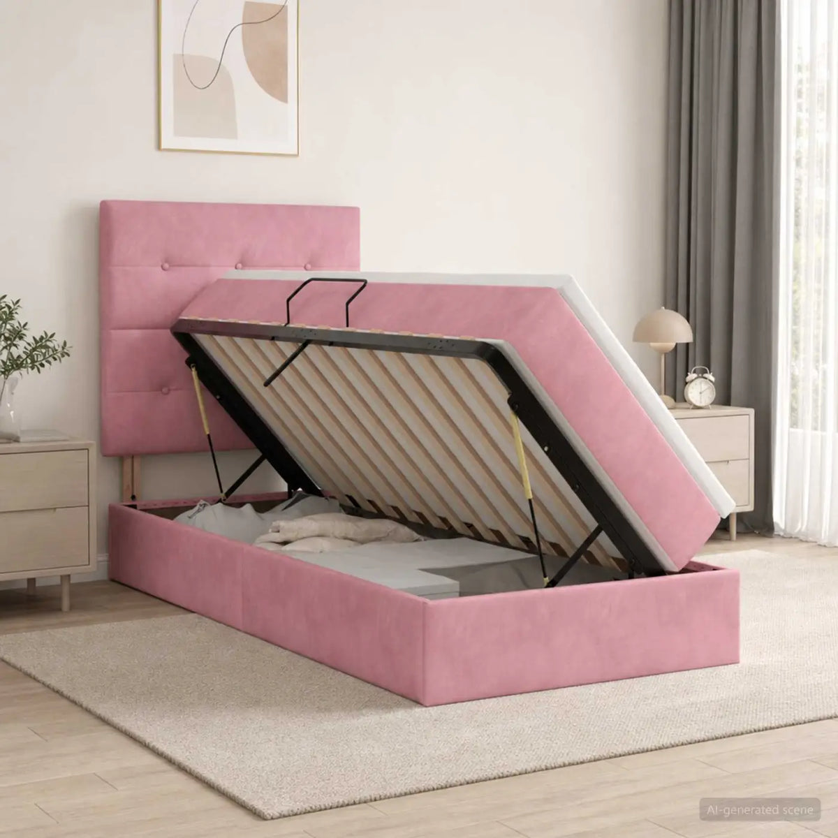 Lit de rangement LED avec matelas Rose 90 x 200 cm Velours - XIOS