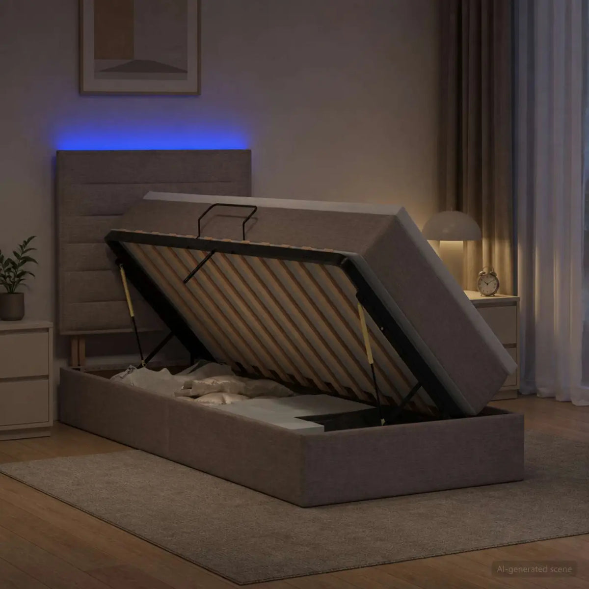 Lit de rangement LED avec matelas Taupe 100 x 200 cm Tissu - XIOS