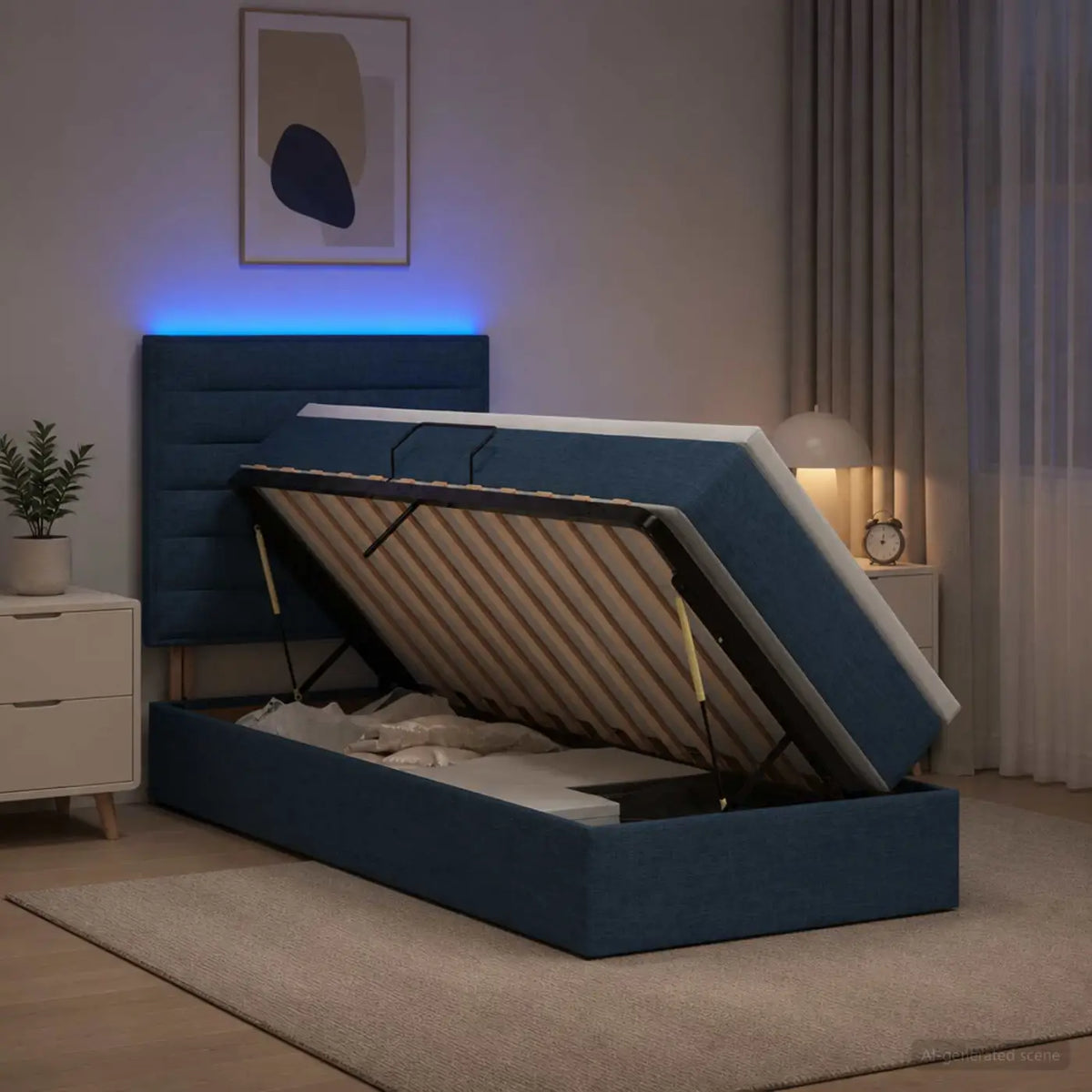 Lit de rangement LED avec matelas Bleu 90 x 200 cm Tissu - XIOS