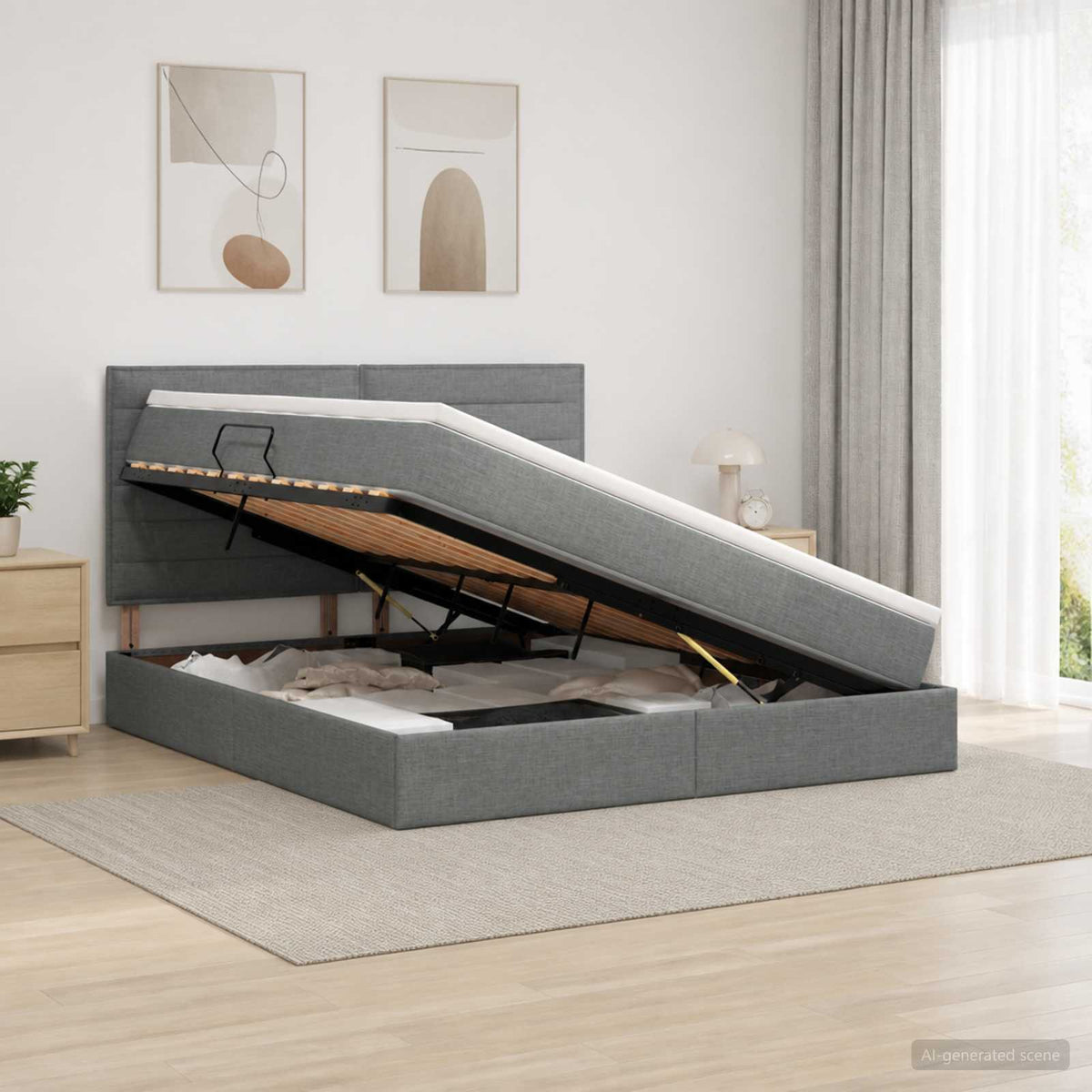 Lit avec rangement et matelas Gris foncé 140 x 200 cm tissu