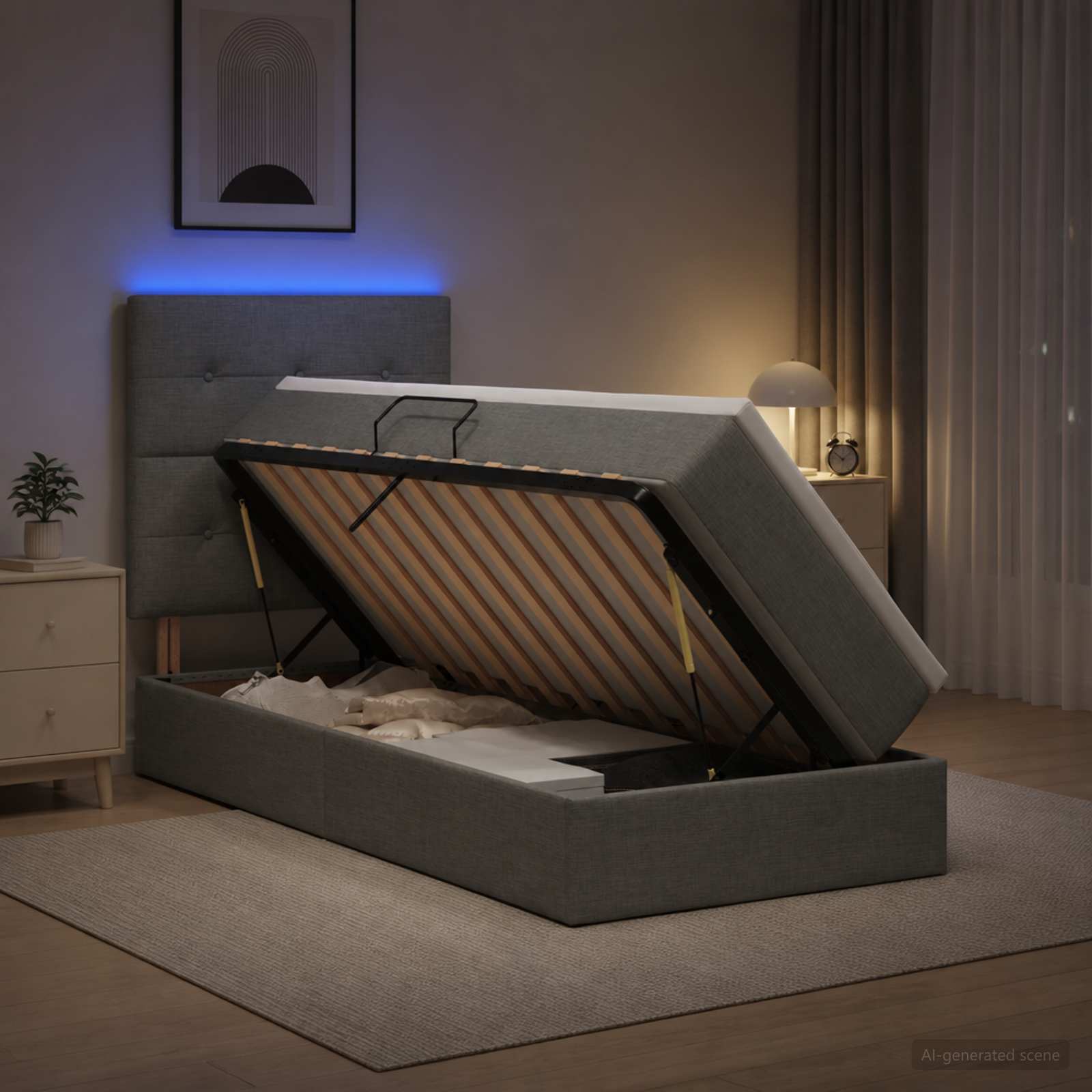Lit de rangement LED avec matelas Gris foncé 90 x 200 cm Tissu