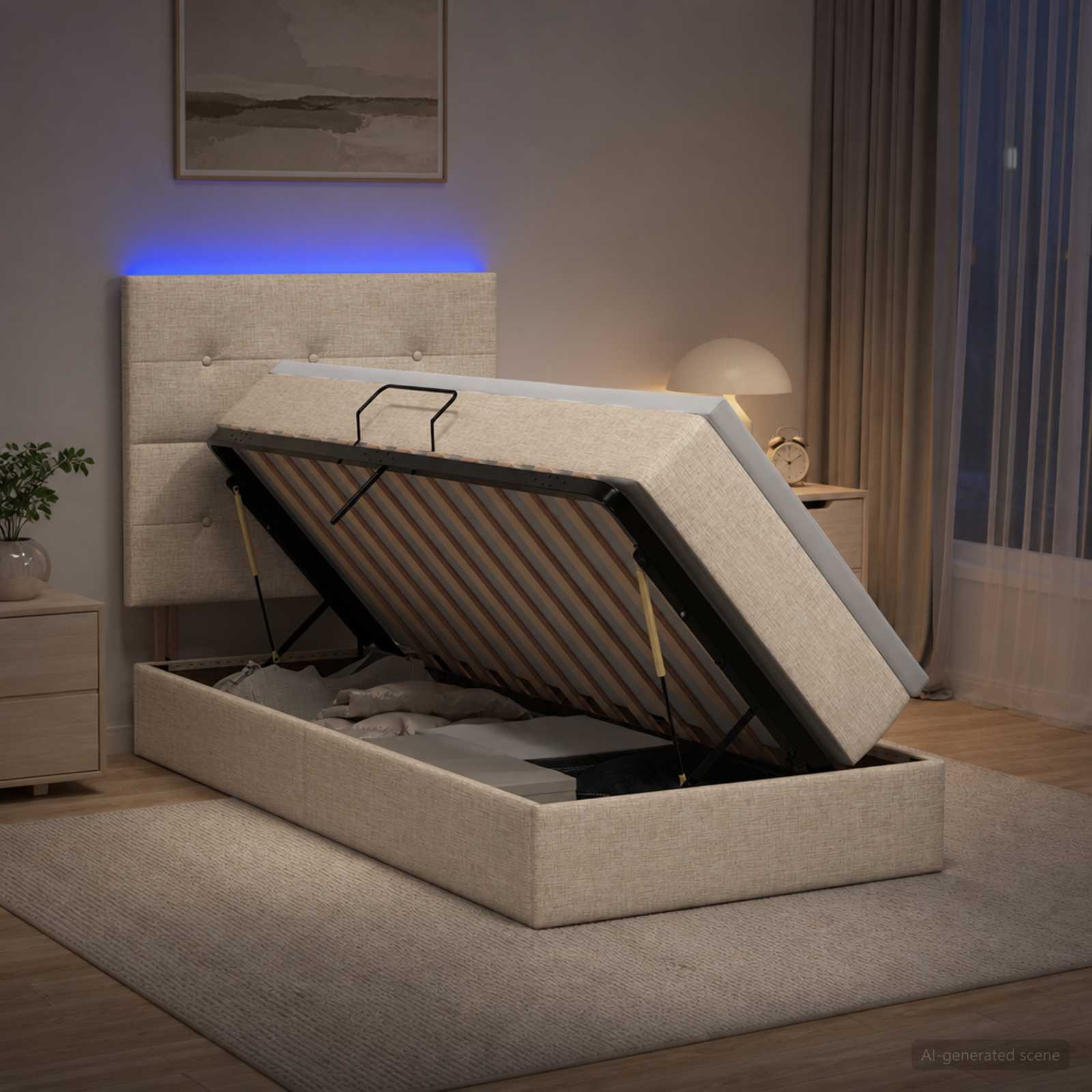 Lit de rangement LED avec matelas Crème 100 x 200 cm Tissu - XIOS