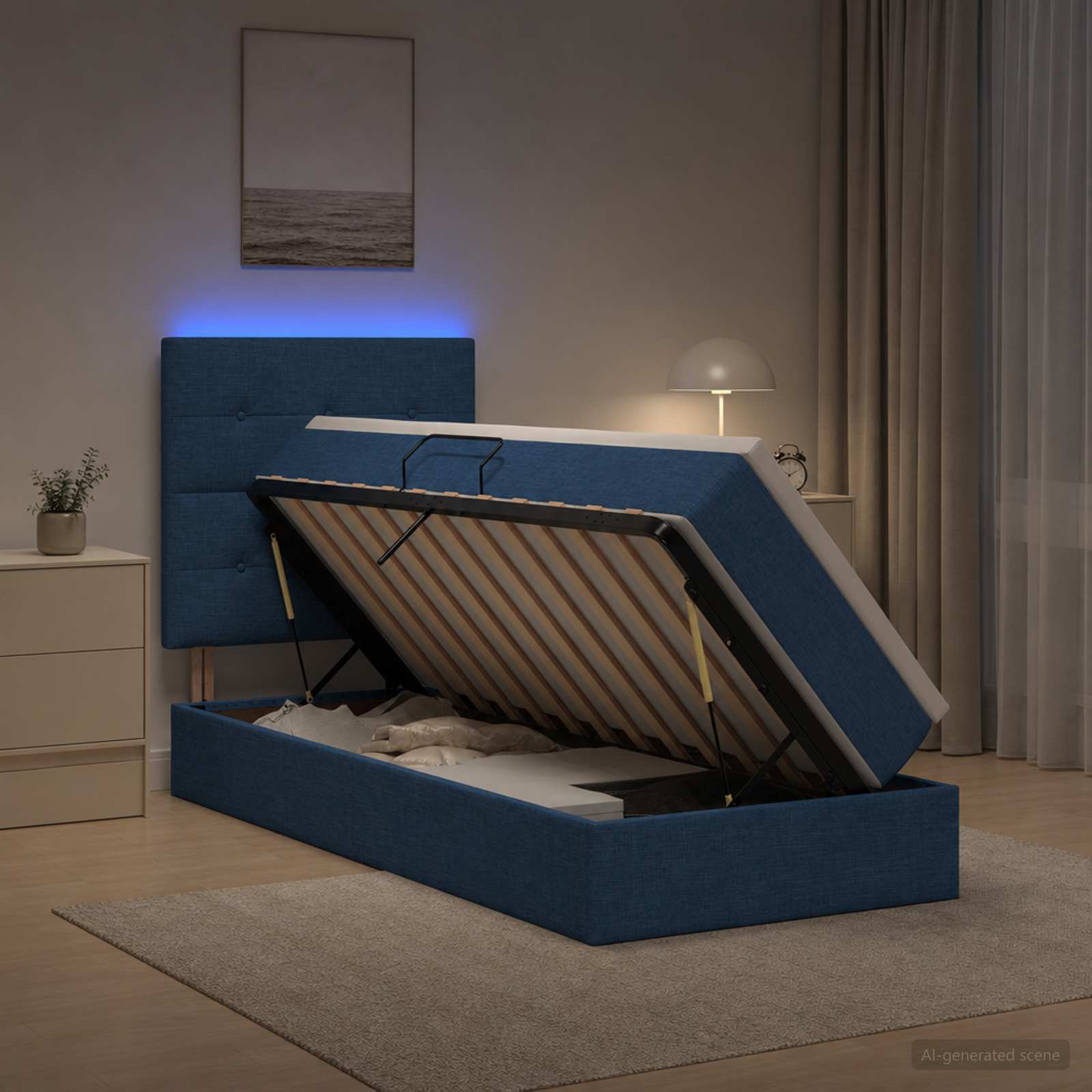 Lit de rangement LED avec matelas Bleu 90 x 200 cm Tissu