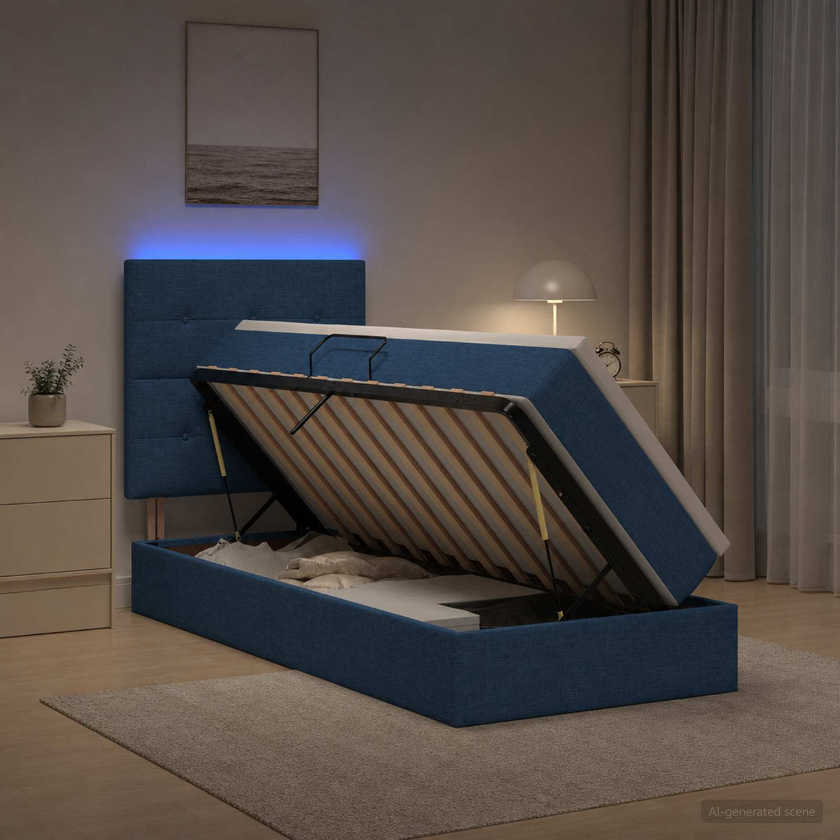 Lit de rangement LED avec matelas Bleu 100 x 200 cm Tissu