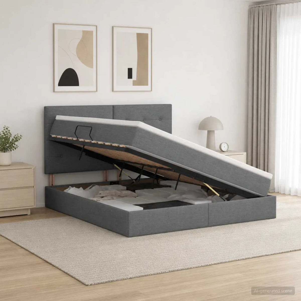 Lit avec rangement et matelas Gris foncé 140 x 200 cm tissu - XIOS