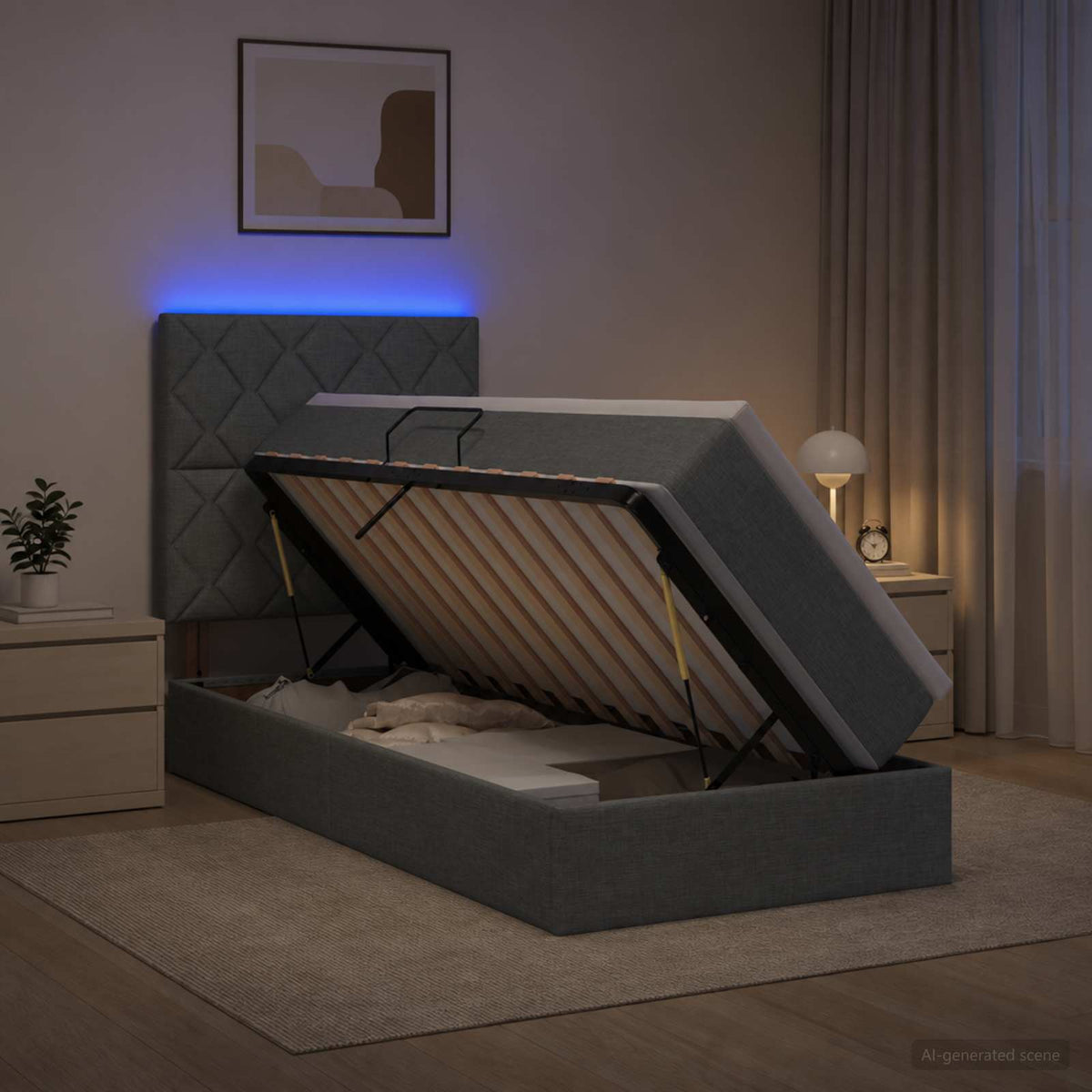 Lit de rangement LED avec matelas Gris foncé 100 x 200 cm Tissu