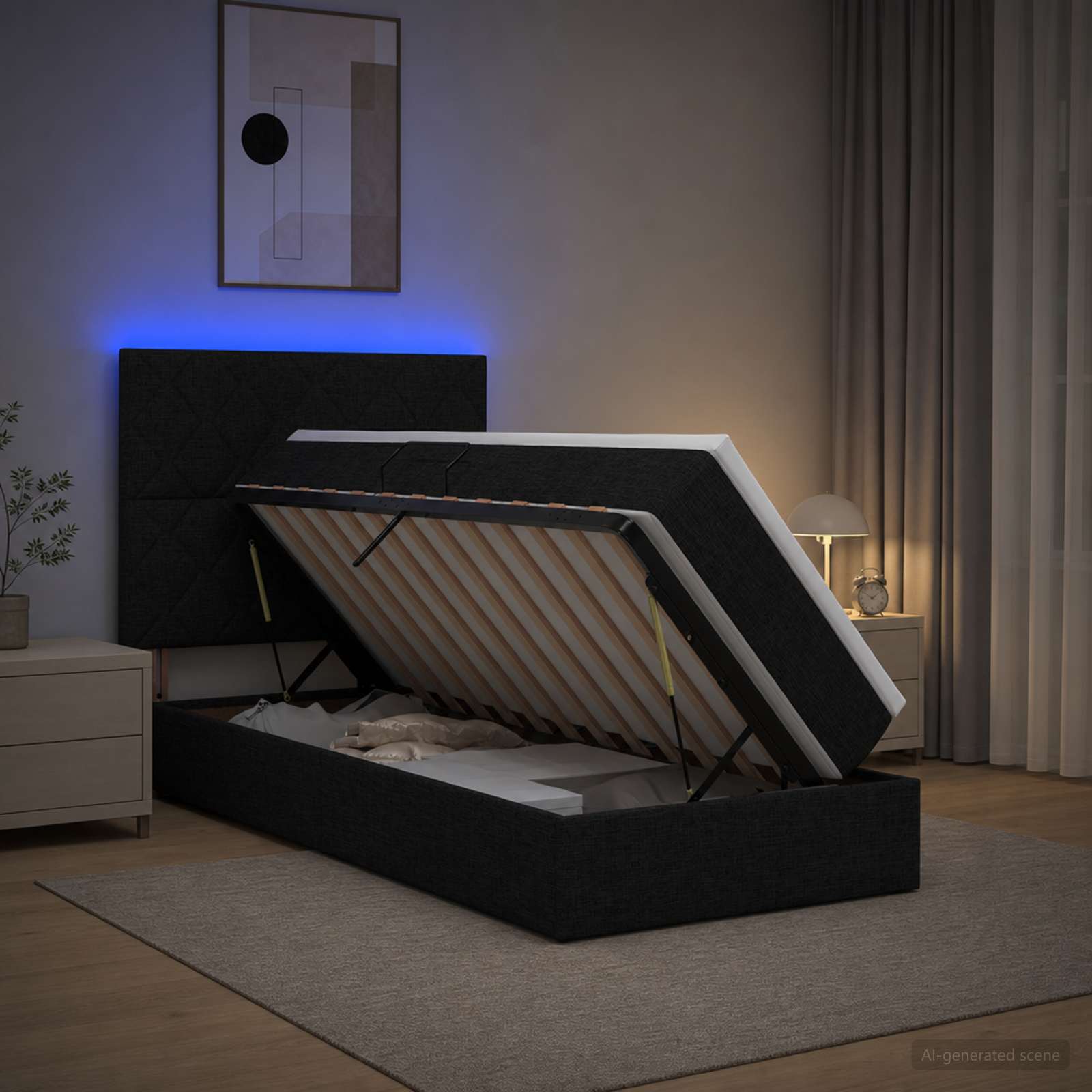Lit de rangement LED avec matelas Noir 90 x 190 cm Tissu