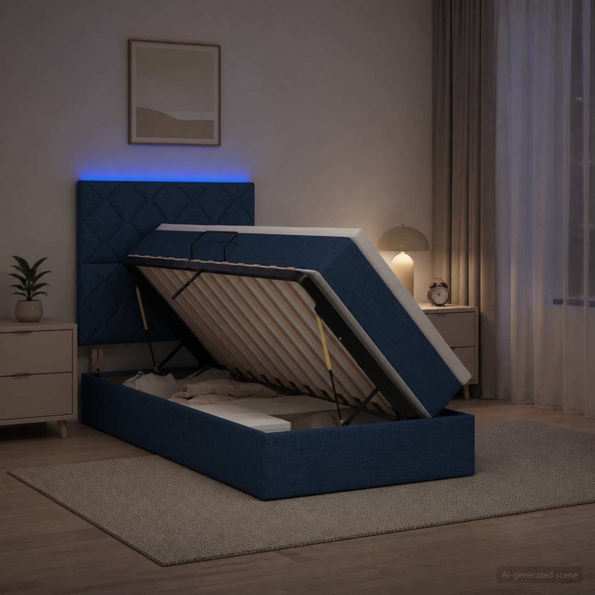 Lit de rangement LED avec matelas Bleu 90 x 200 cm Tissu