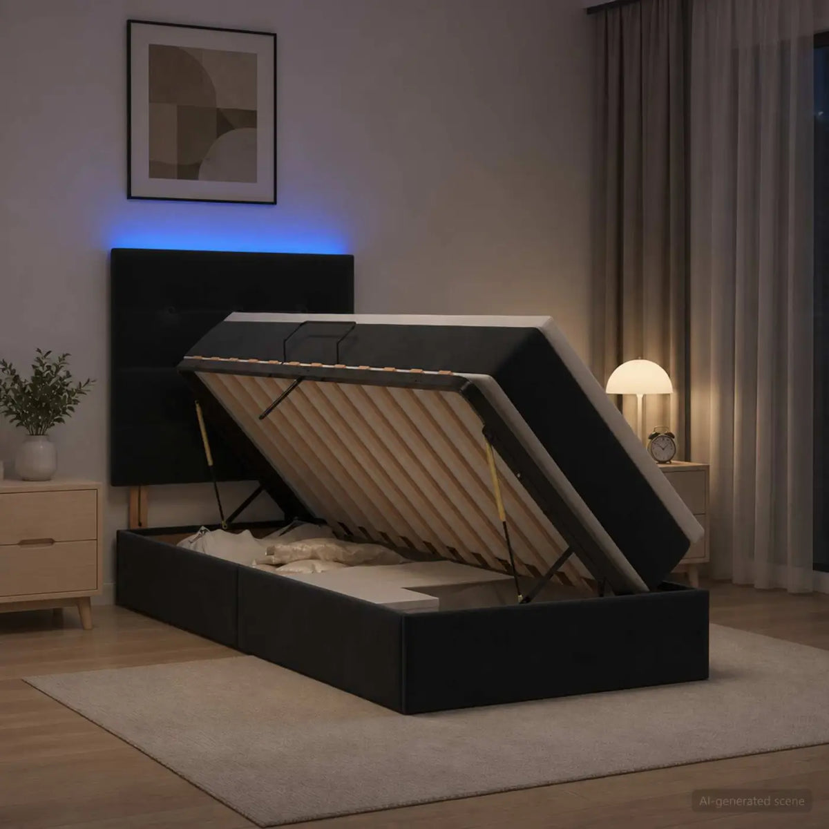 Lit de rangement LED avec matelas Noir 100 x 200 cm Velours - XIOS