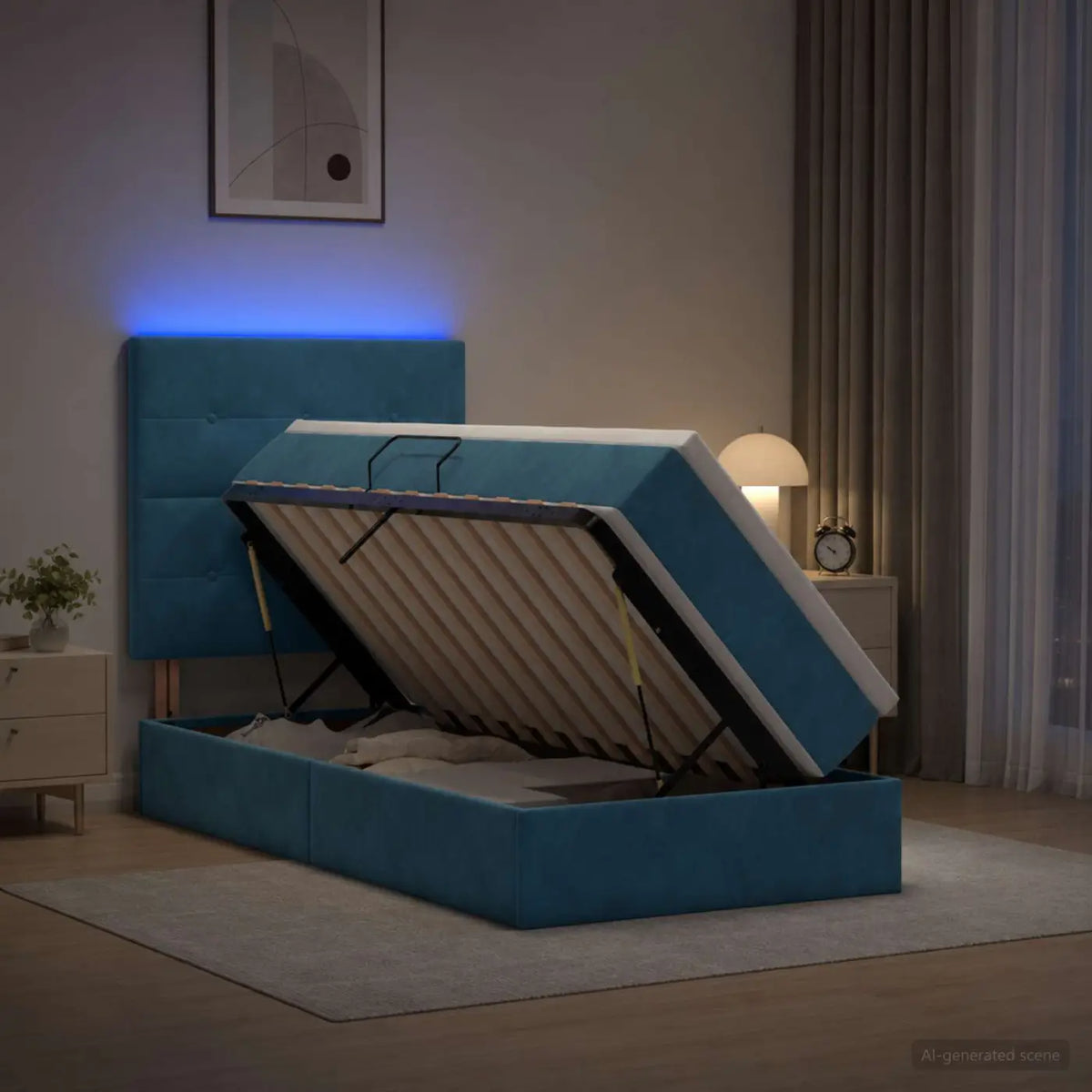 Lit de rangement LED avec matelas Bleu foncé 100 x 200 cm - XIOS