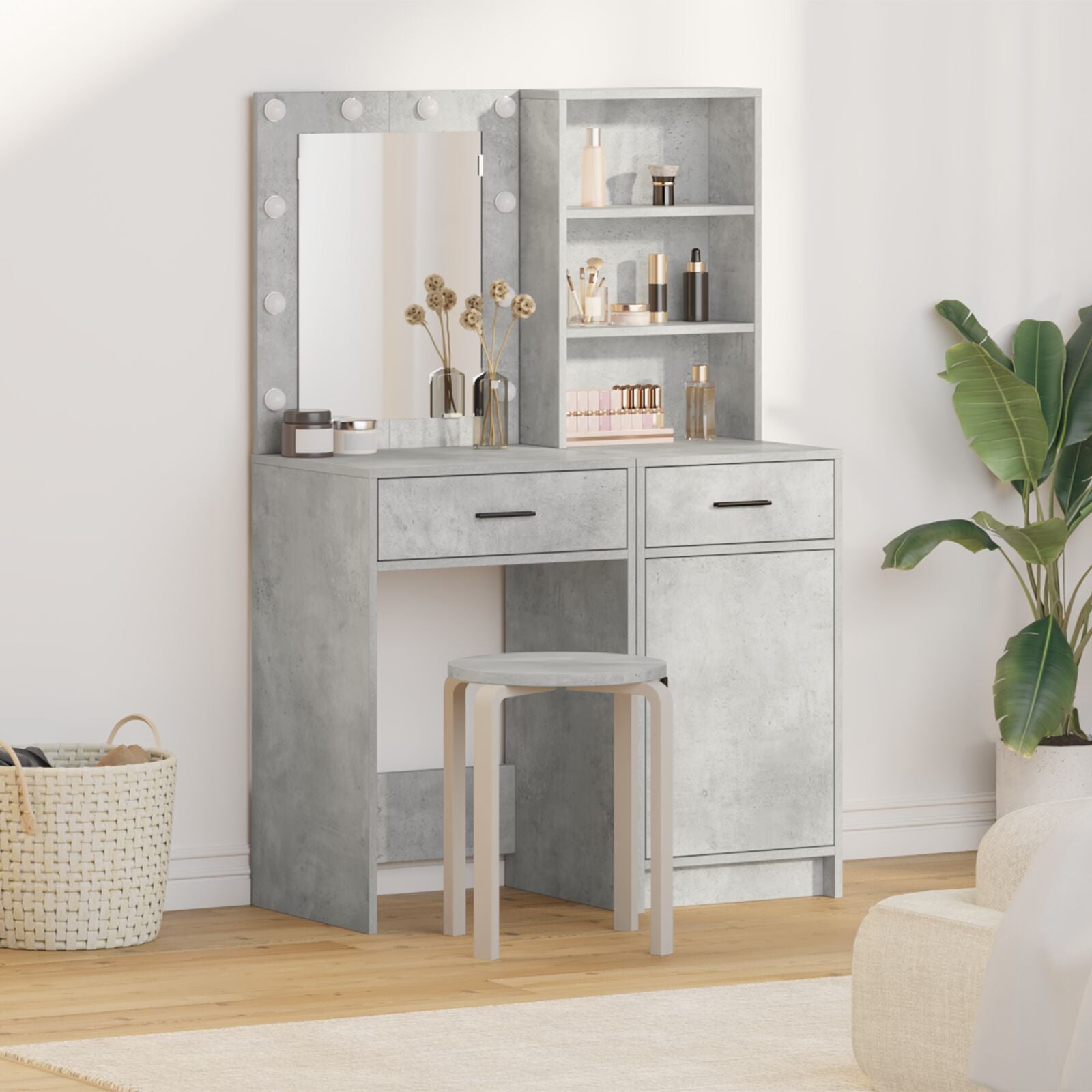Ensemble de coiffeuse 2 pièces avec éclairage LED en bois d'ingénierie gris béton Coiffeuses vidaXL