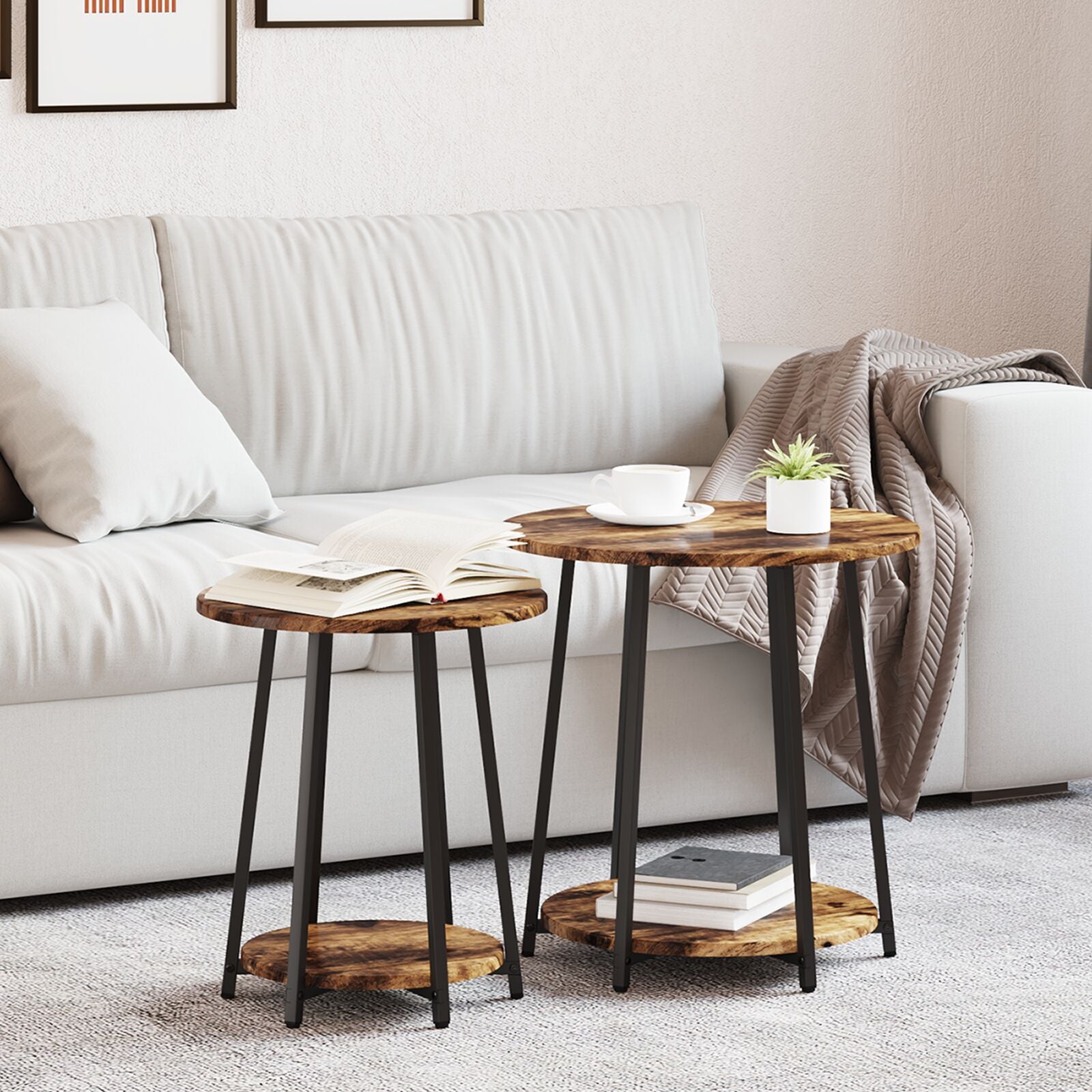 Table d'appoint vidaXL 2 pcs en chêne fumé, bois d'ingénierie et métal Tables d'appoint vidaXL