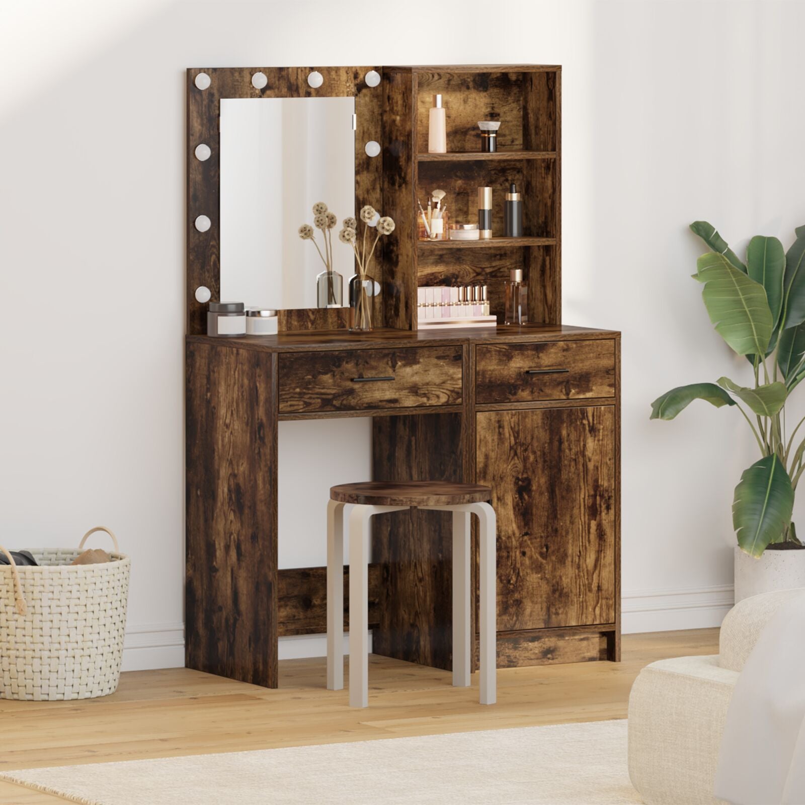 Ensemble de coiffeuse 2 pièces avec LED en chêne fumé en bois d'ingénierie Coiffeuses vidaXL
