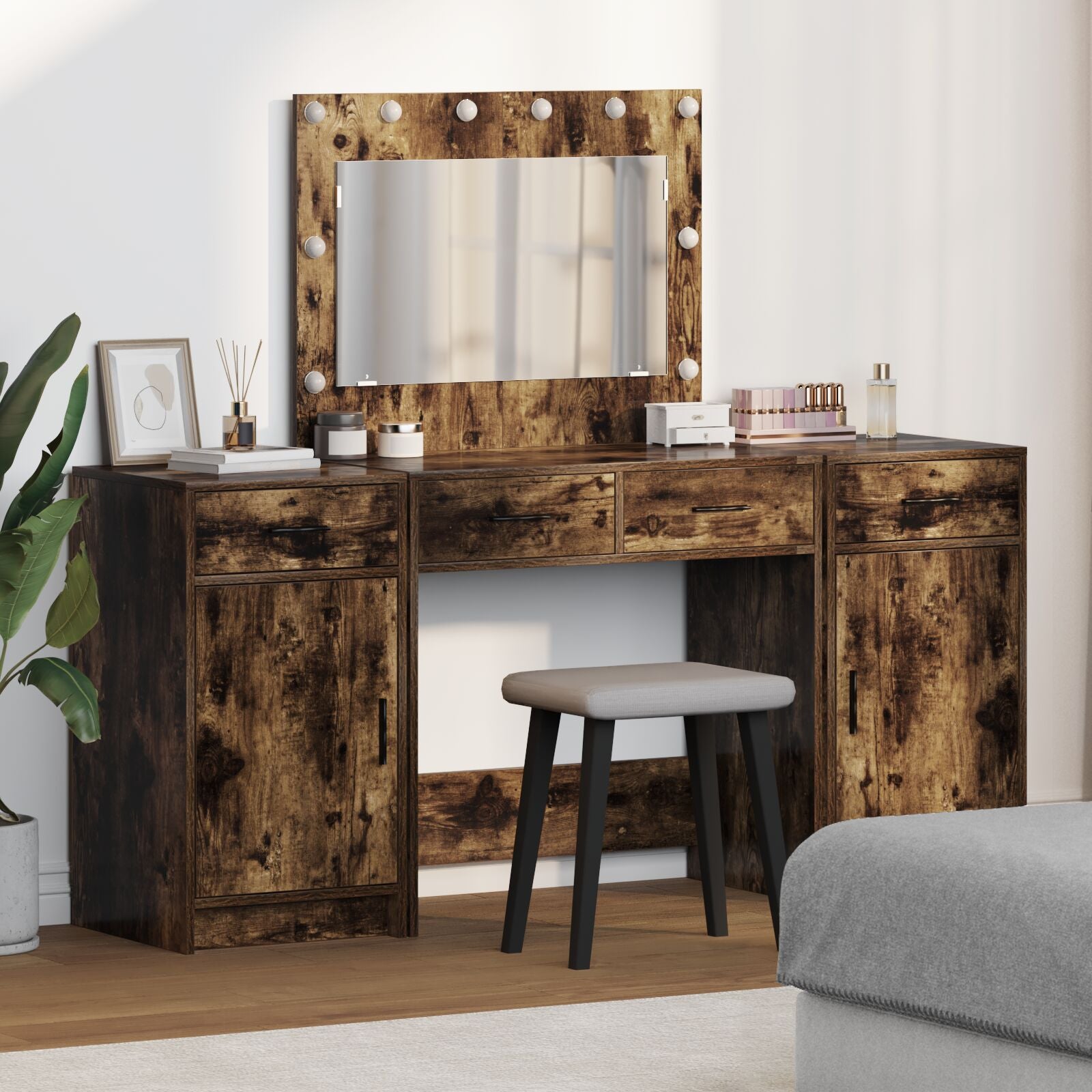 Ensemble de coiffeuse 3 pièces vidaXL avec éclairage en chêne fumé, en bois d'ingénierie Coiffeuses vidaXL