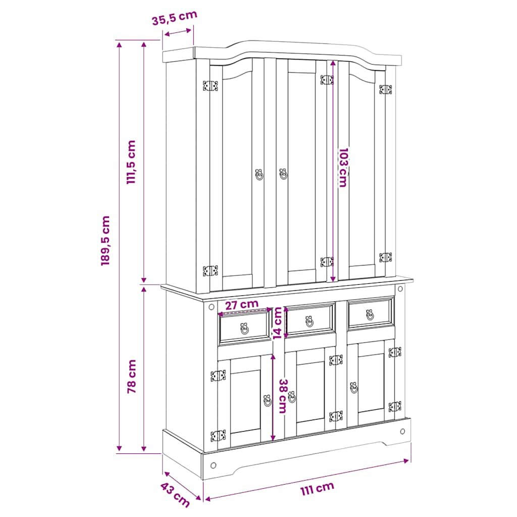 Buffet Corona marron 112x43x191,5 cm bois massif pin mexicain - XIOS
