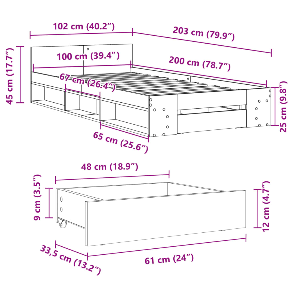 Cadre de lit avec tiroir sans matelas sonoma gris 100x200 cm - XIOS