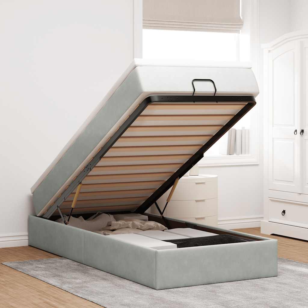 Cadre de lit ottoman et matelas gris clair 100x200 cm velours - XIOS