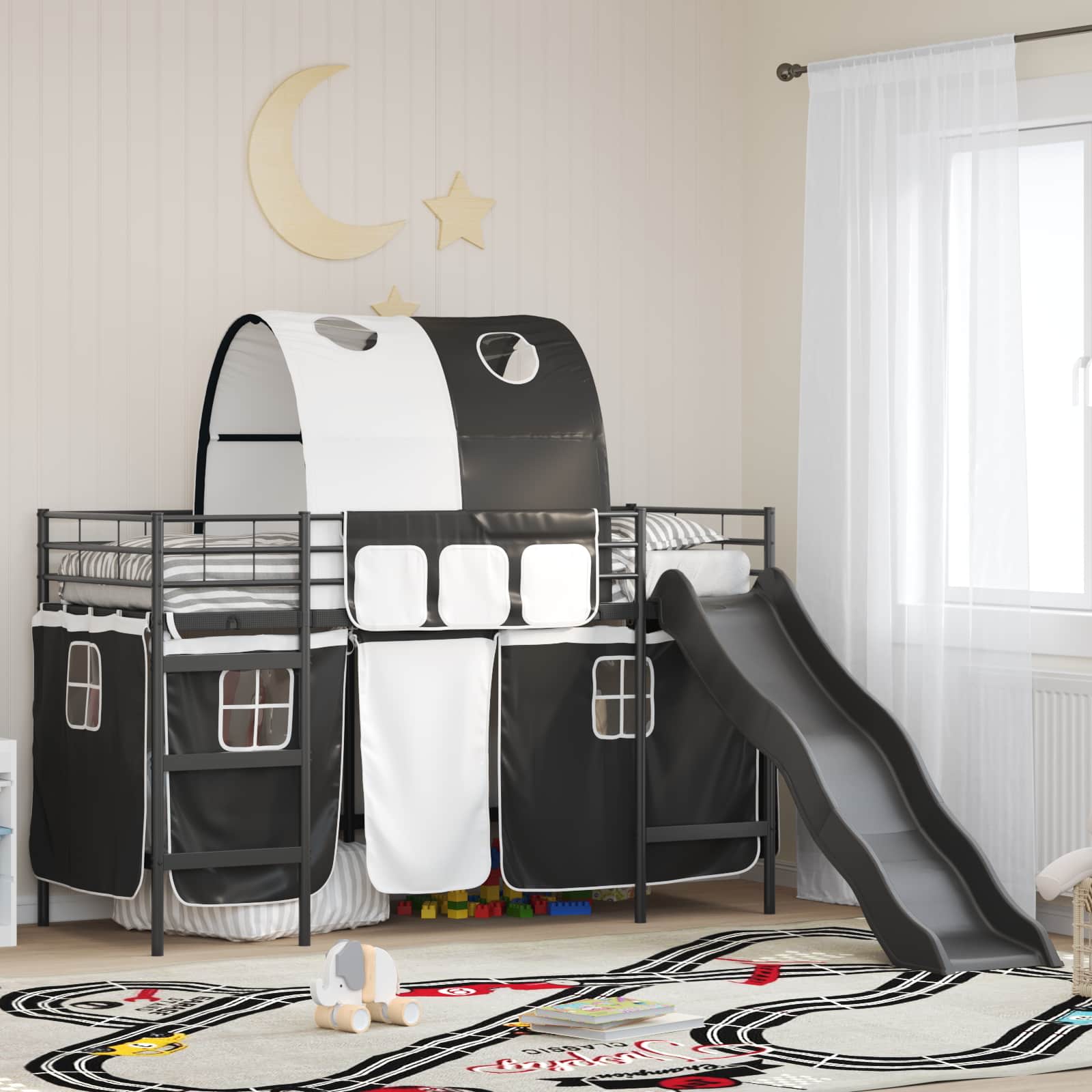 Cadre de lit superposé pour enfants avec rideaux Uni Noir Métал - XIOS