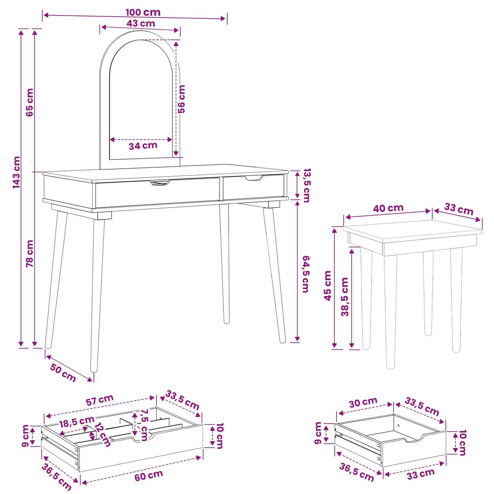 Ensemble de Coiffeuse FAUSKE 3 pc Blanc 100 x 50 x 143 cm - XIOS
