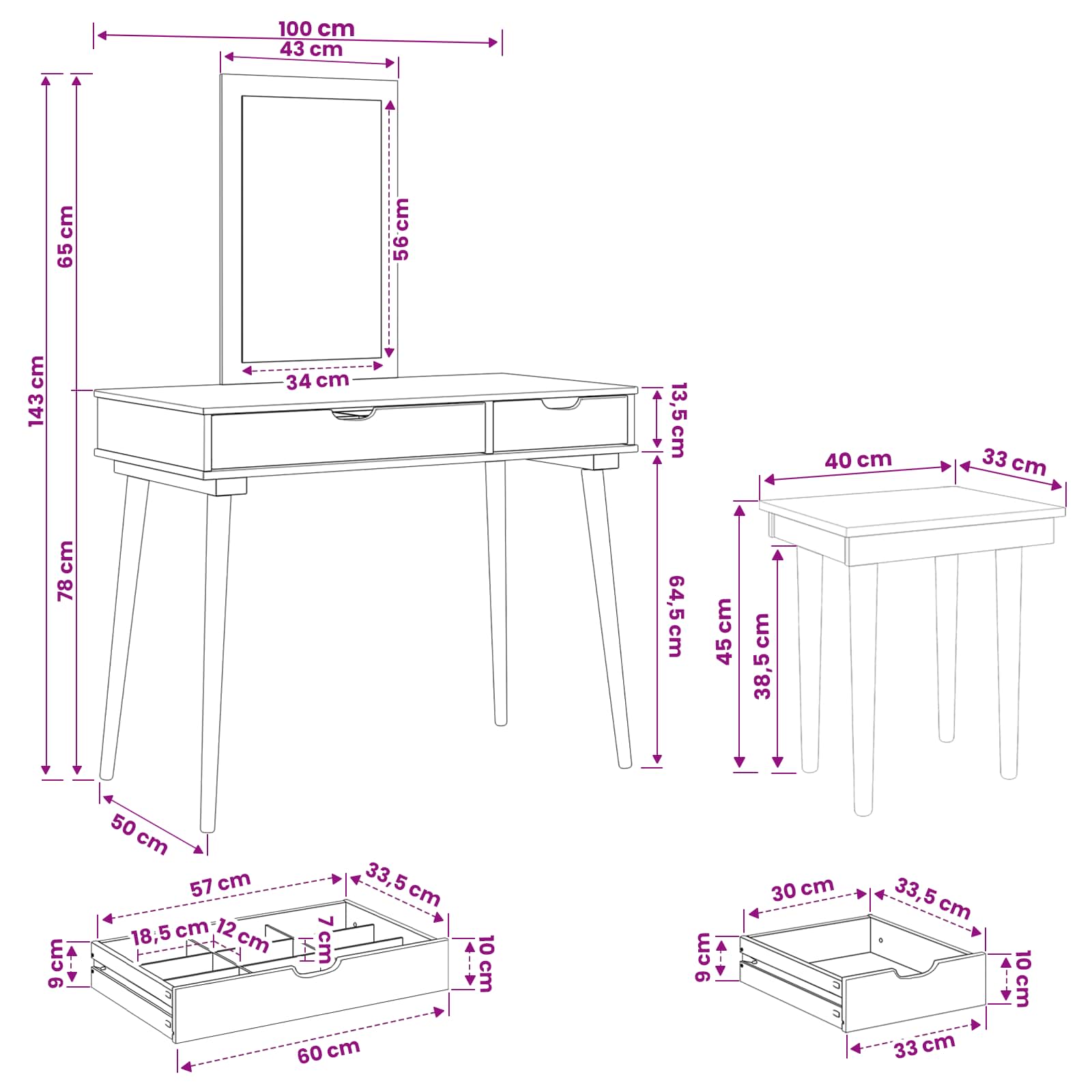 Ensemble de Coiffeuse FAUSKE 3 pc Blanc 100 x 50 x 143 cm - XIOS