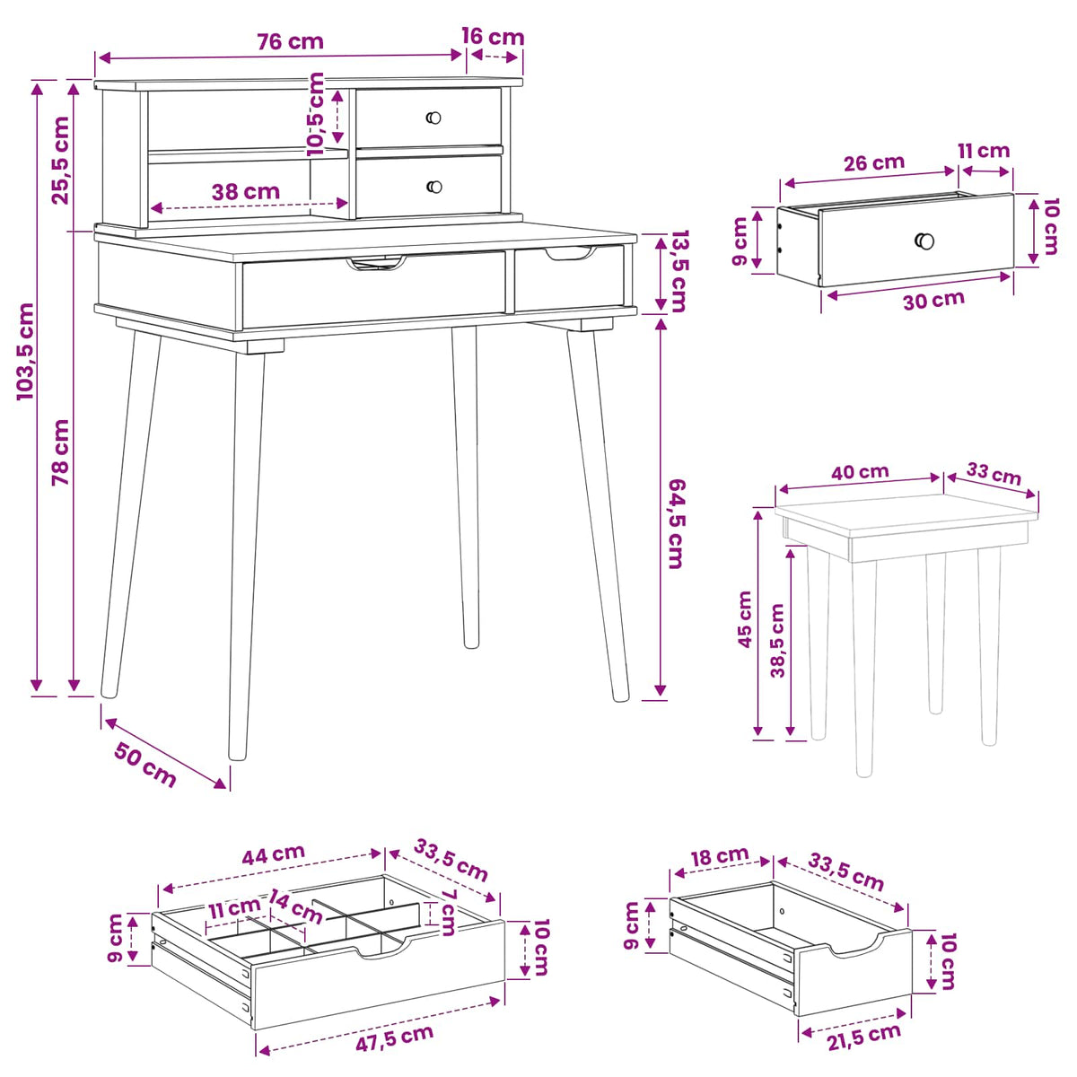Ensemble de Coiffeuse FAUSKE 3 pc Blanc 76 x 50 x 103,5 cm - XIOS
