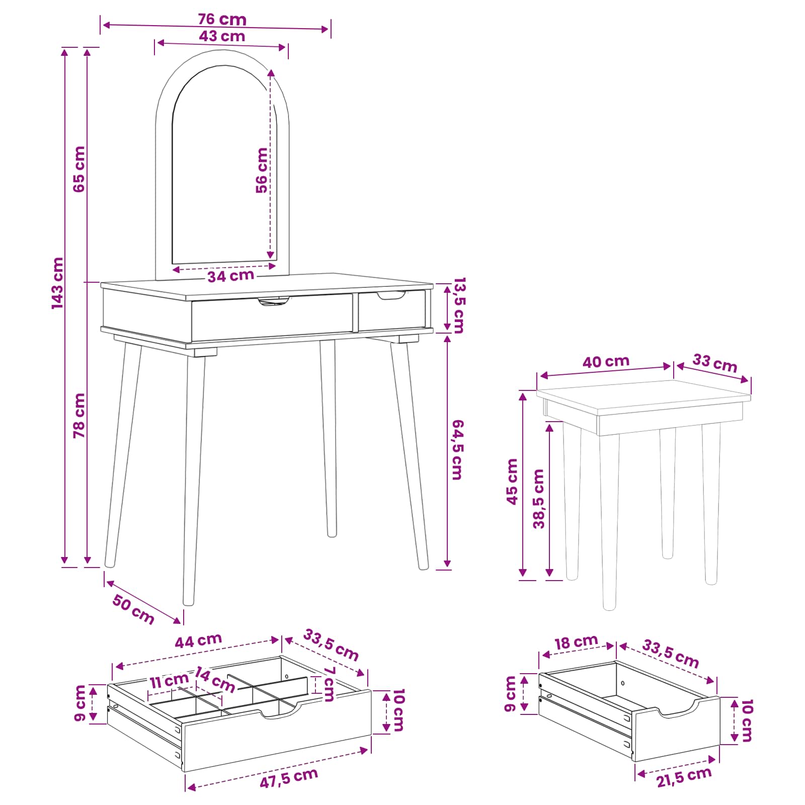 Ensemble de Coiffeuse FAUSKE 3 pc Blanc 76 x 50 x 143 cm - XIOS