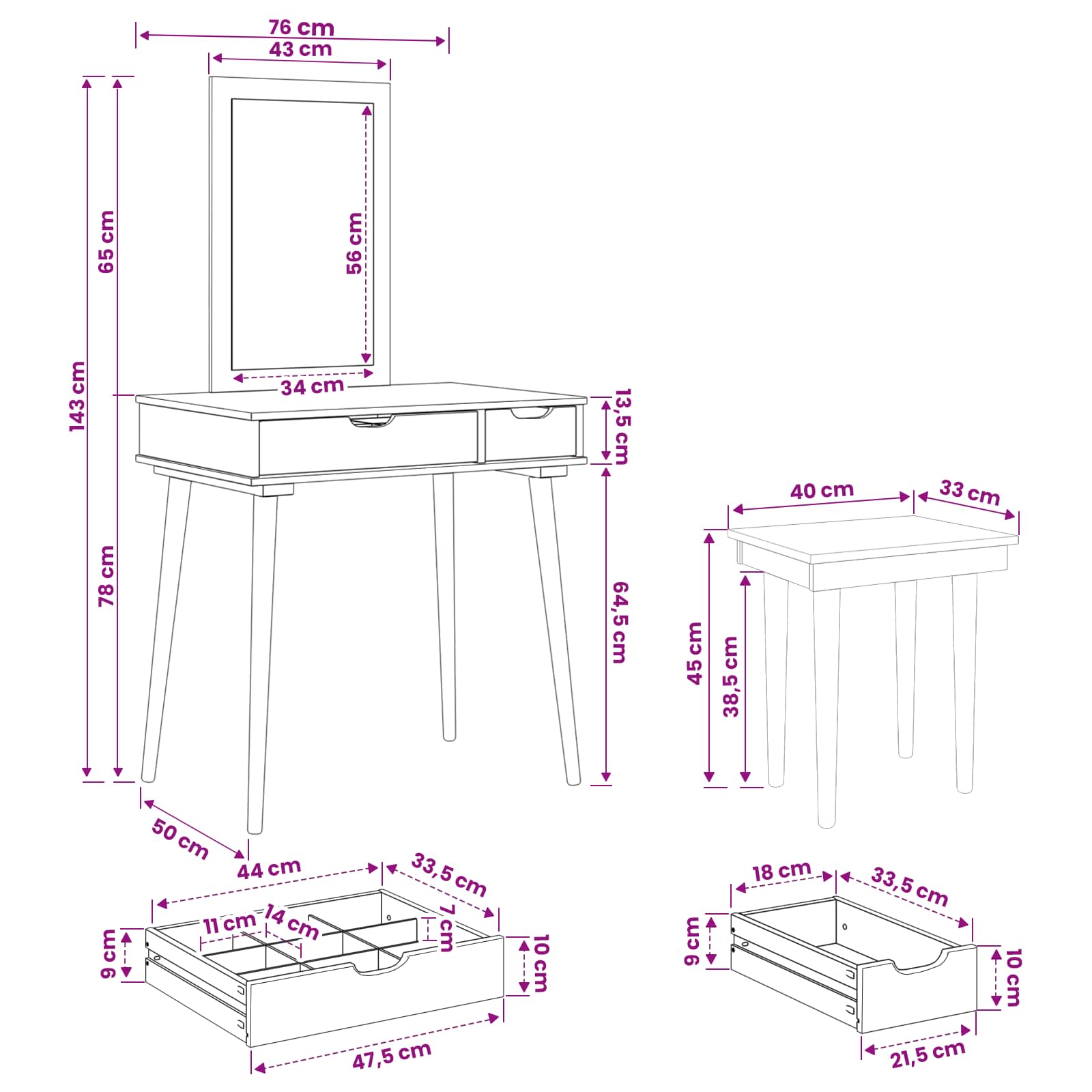 Ensemble de Coiffeuse FAUSKE 3 pc Blanc 76 x 50 x 143 cm - XIOS