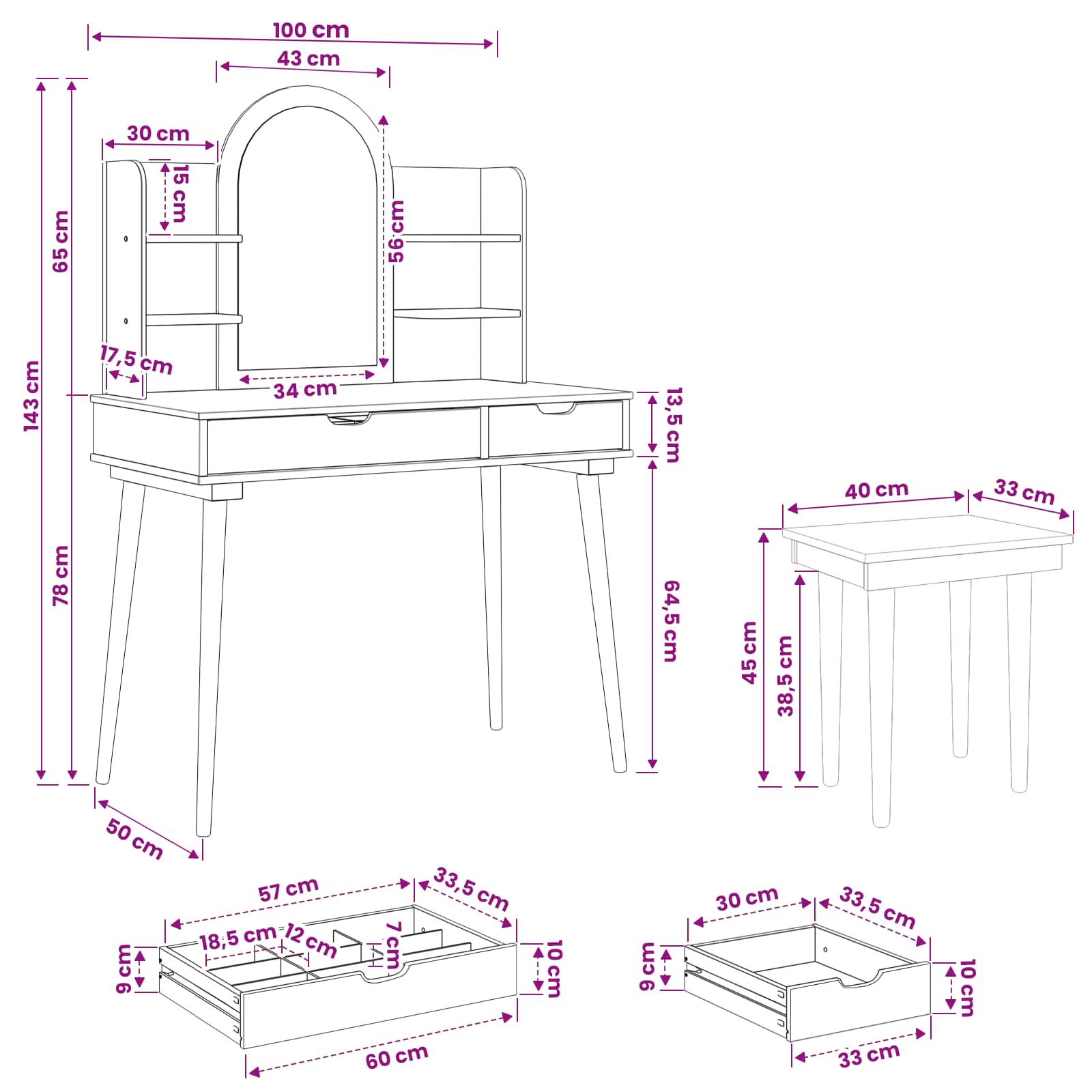 Ensemble de Coiffeuse FAUSKE 5 pc Blanc 100 x 50 x 143 cm - XIOS