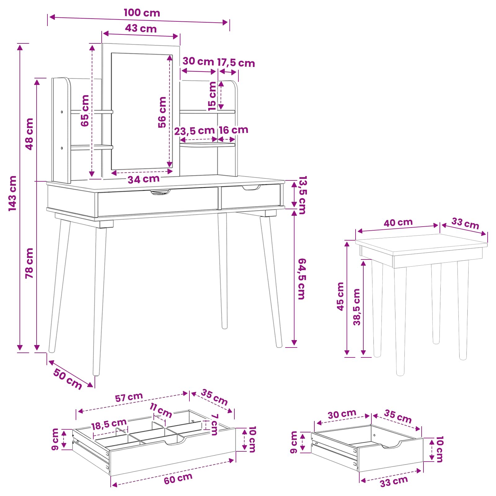 Ensemble de Coiffeuse FAUSKE 5 pc Blanc 100 x 50 x 143 cm - XIOS