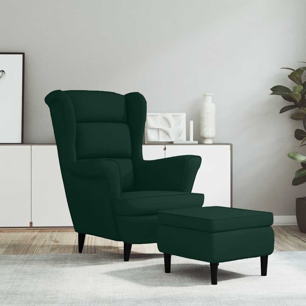 Fauteuil à oreilles avec tabouret vert foncé velours - XIOS