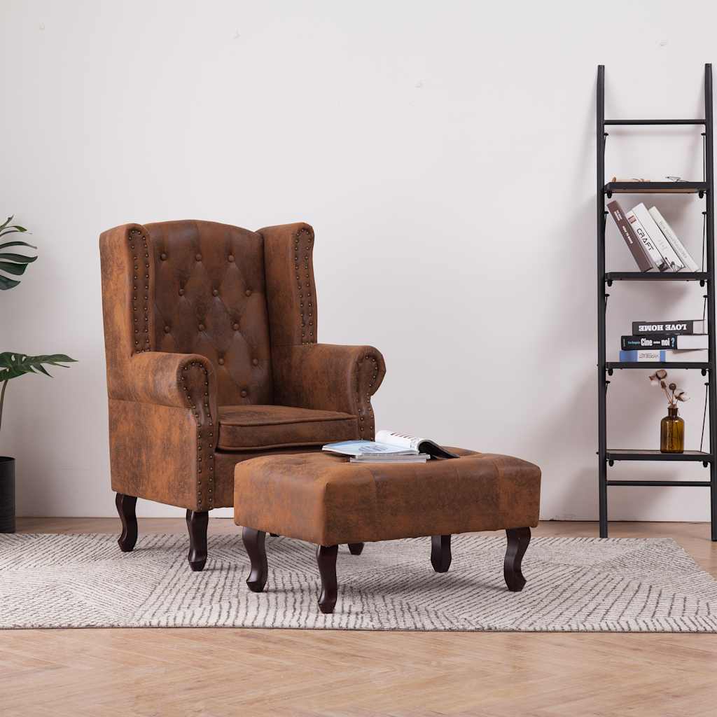 Fauteuil Chesterfield et repose-pieds Marron Similicuir daim - XIOS