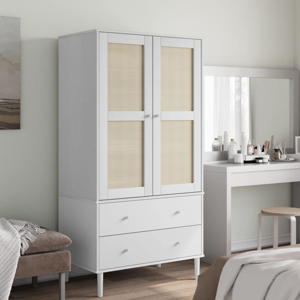 Garde-robe SENJA aspect rotin blanc 90x55x175cm bois massif pin - XIOS
