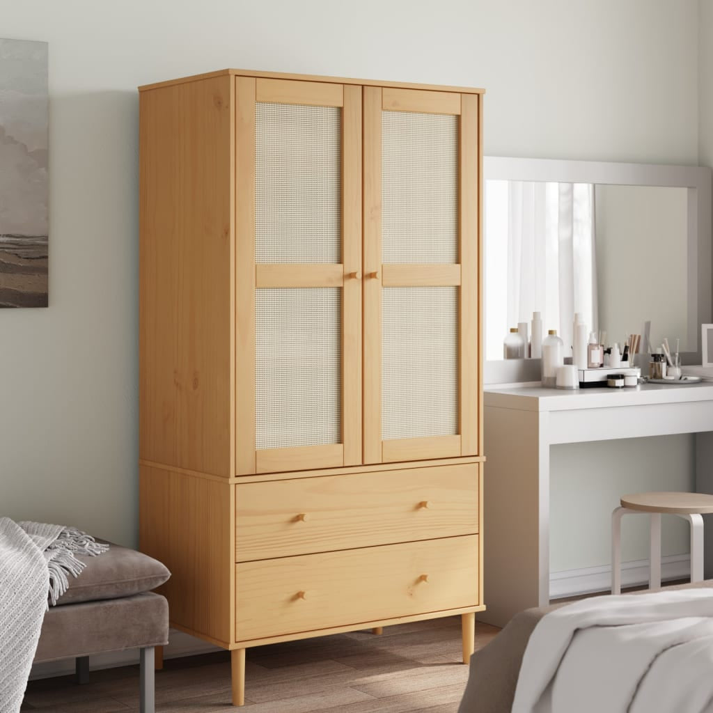 Garde-robe SENJA aspect rotin marron bois massif de pin - XIOS