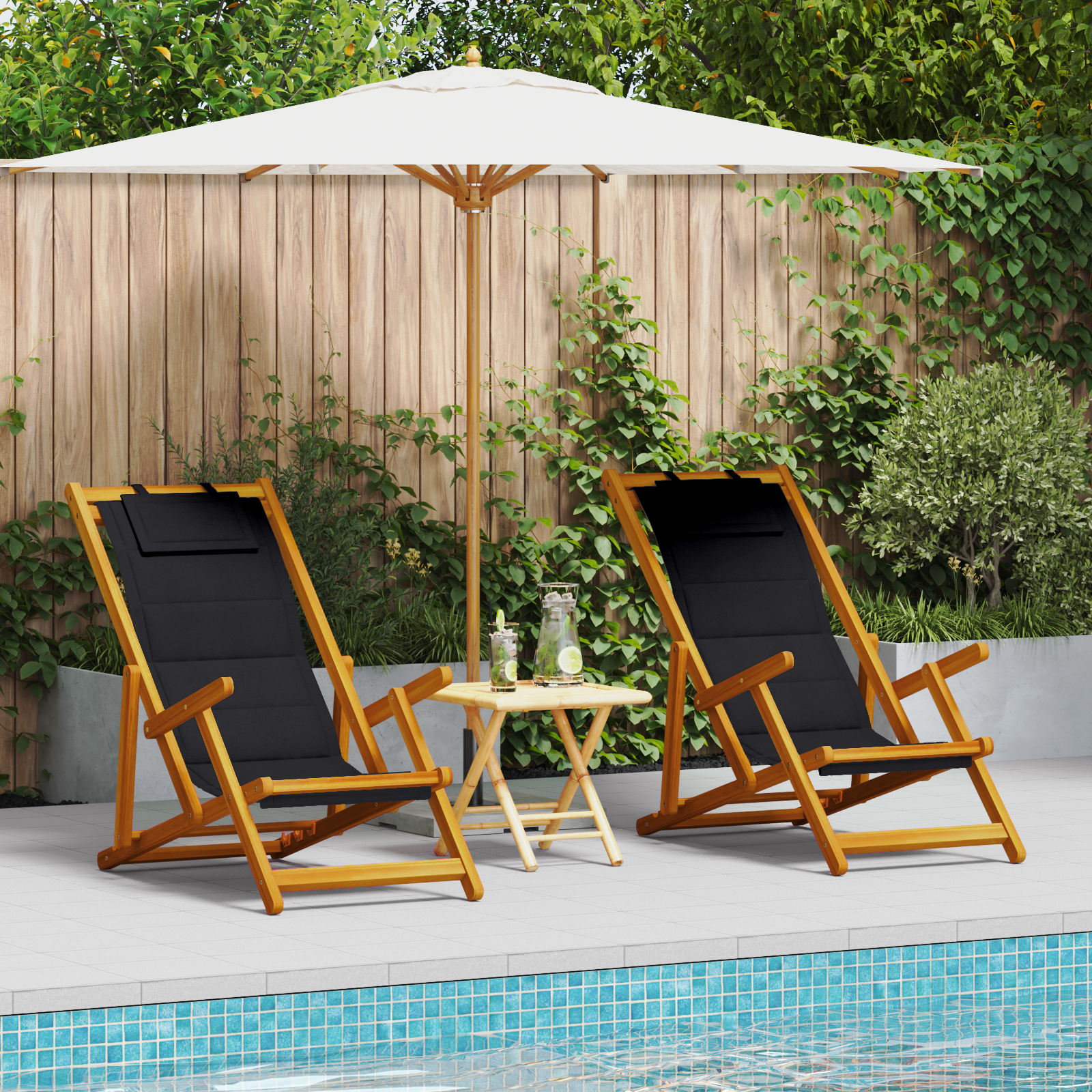 Chaises de plage pliantes vidaXL 2 pcs Black Bois d'acacia massif & Textilène Chaises de jardin vidaXL