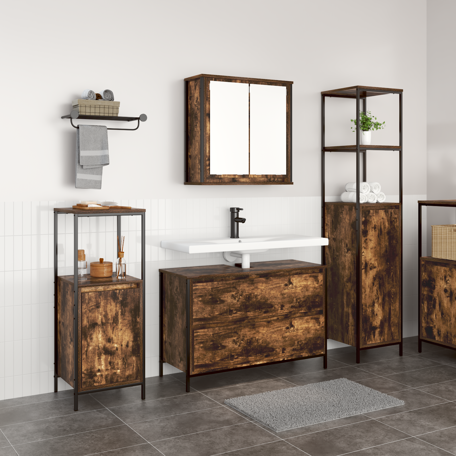 Ensemble de mobilier de salle de bain 3 pièces en chêne fumé en bois d'ingénierie Meubles-lavabos de salle de bains vidaXL
