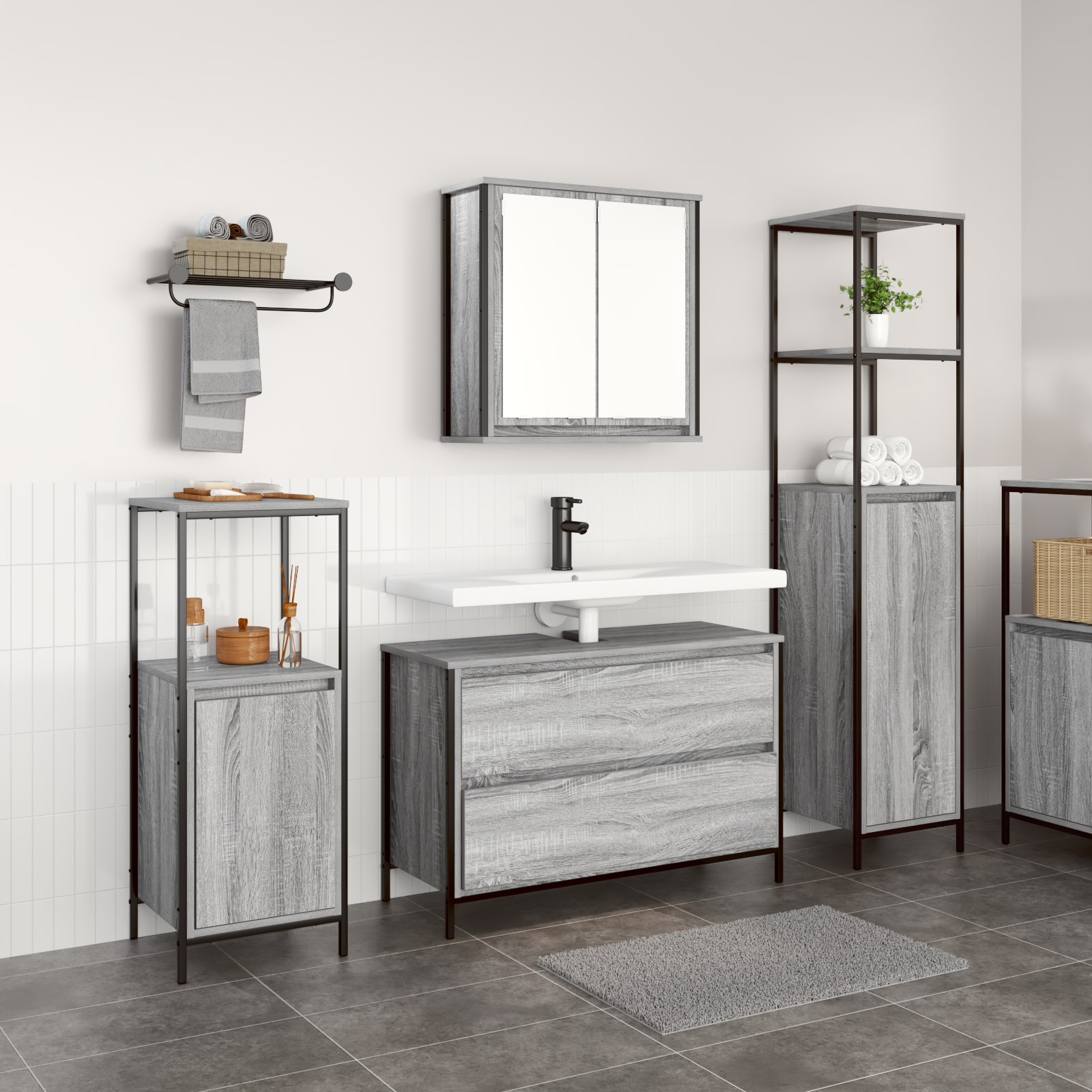 Ensemble de meubles de salle de bain 3 pièces vidaXL Gris Sonoma en bois d'ingénierie Meubles-lavabos de salle de bains vidaXL