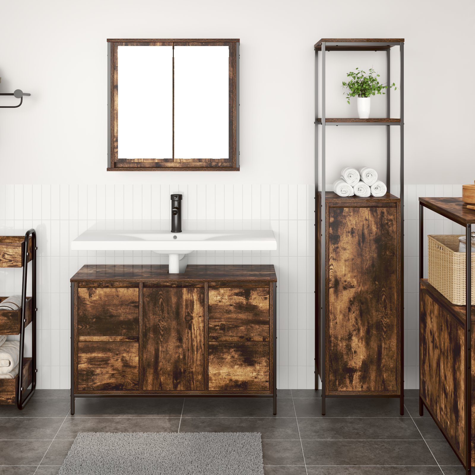 Set de meubles de salle de bain 2 pièces en bois d'ingénierie chêne fumé Meubles-lavabos de salle de bains vidaXL