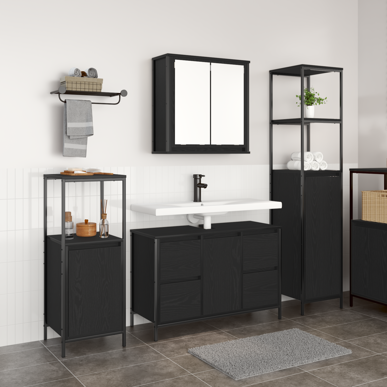 Ensemble de meubles de salle de bain 3 pièces vidaXL - Chêne noir en bois d'ingénierie Meubles-lavabos de salle de bains vidaXL
